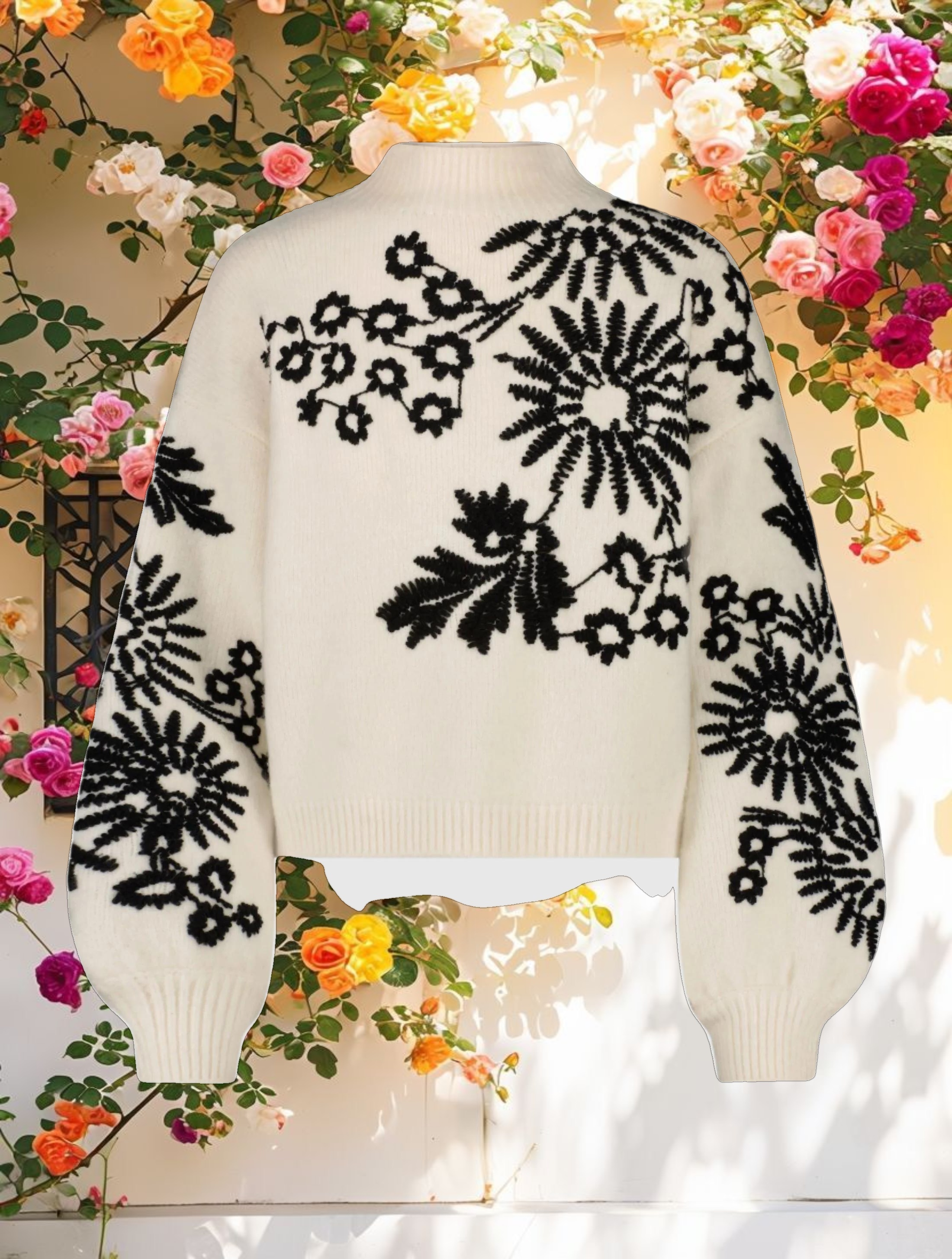 Balloon Sleeve Cropped Mock Neck Knit Sweater