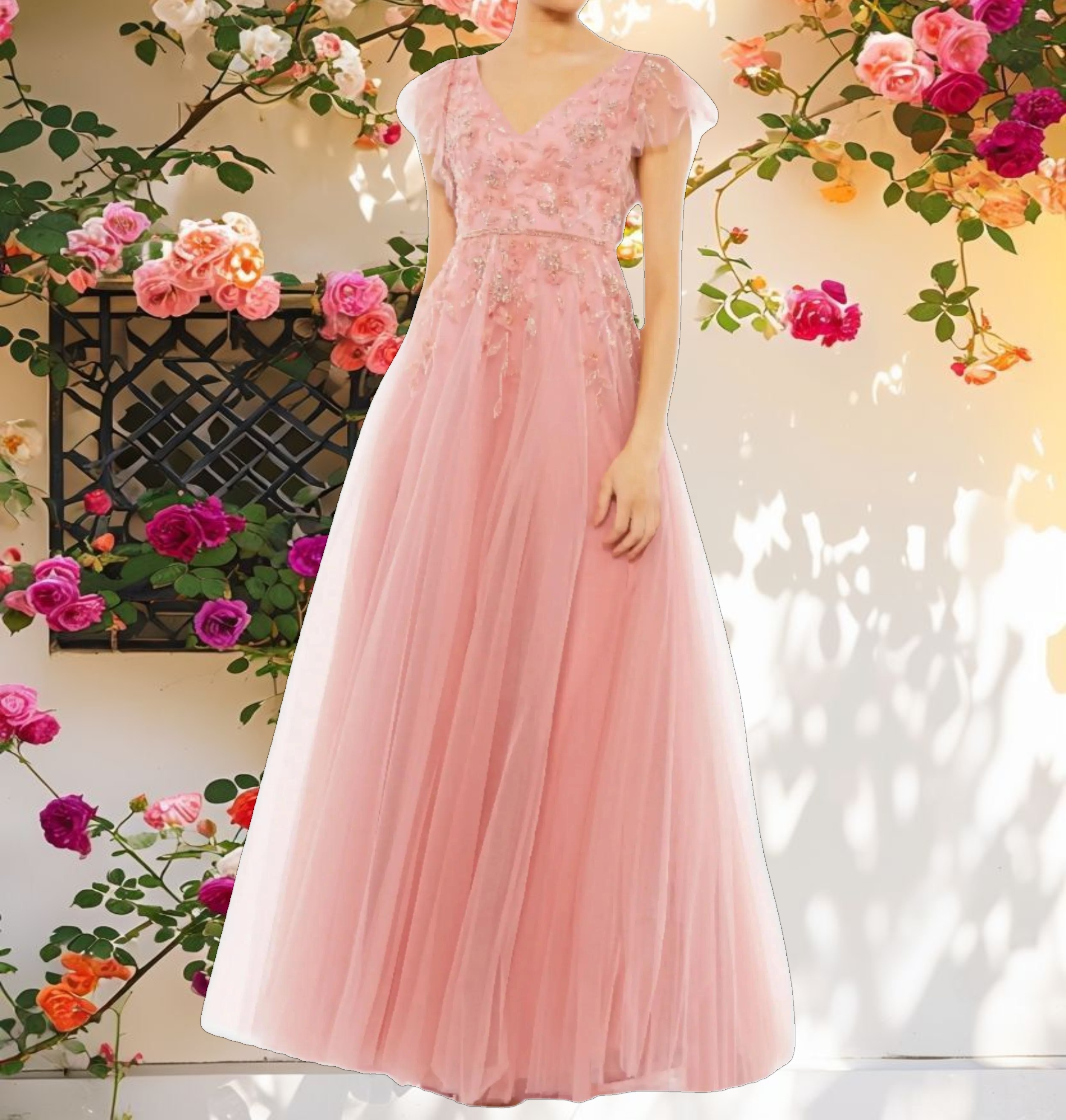 Pink Decorated Cap Sleeve V Neck Dress