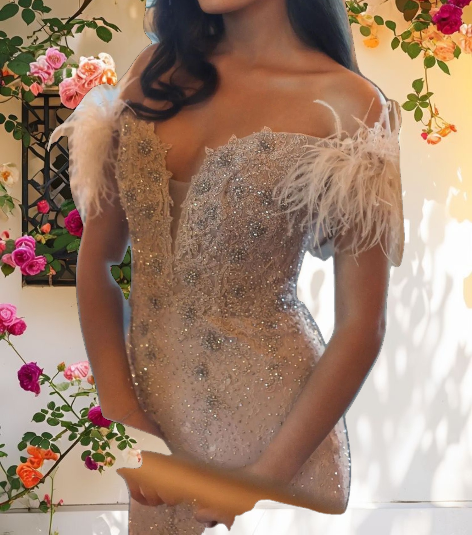 Blue Feathered Crystal Embellished Sleeveless Gown