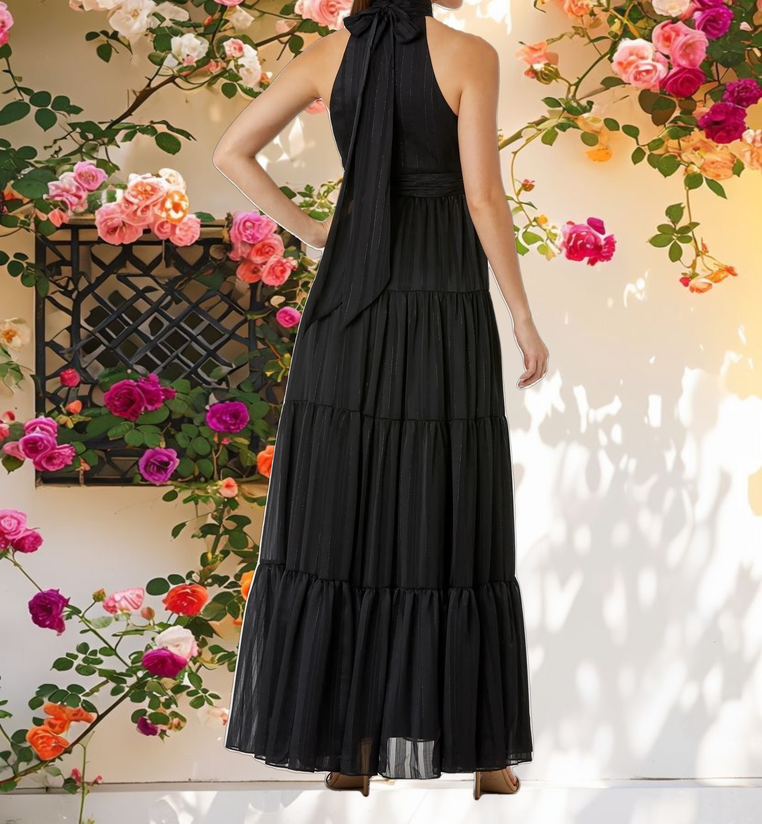 Black Tie Halter Neck Tiered Gown