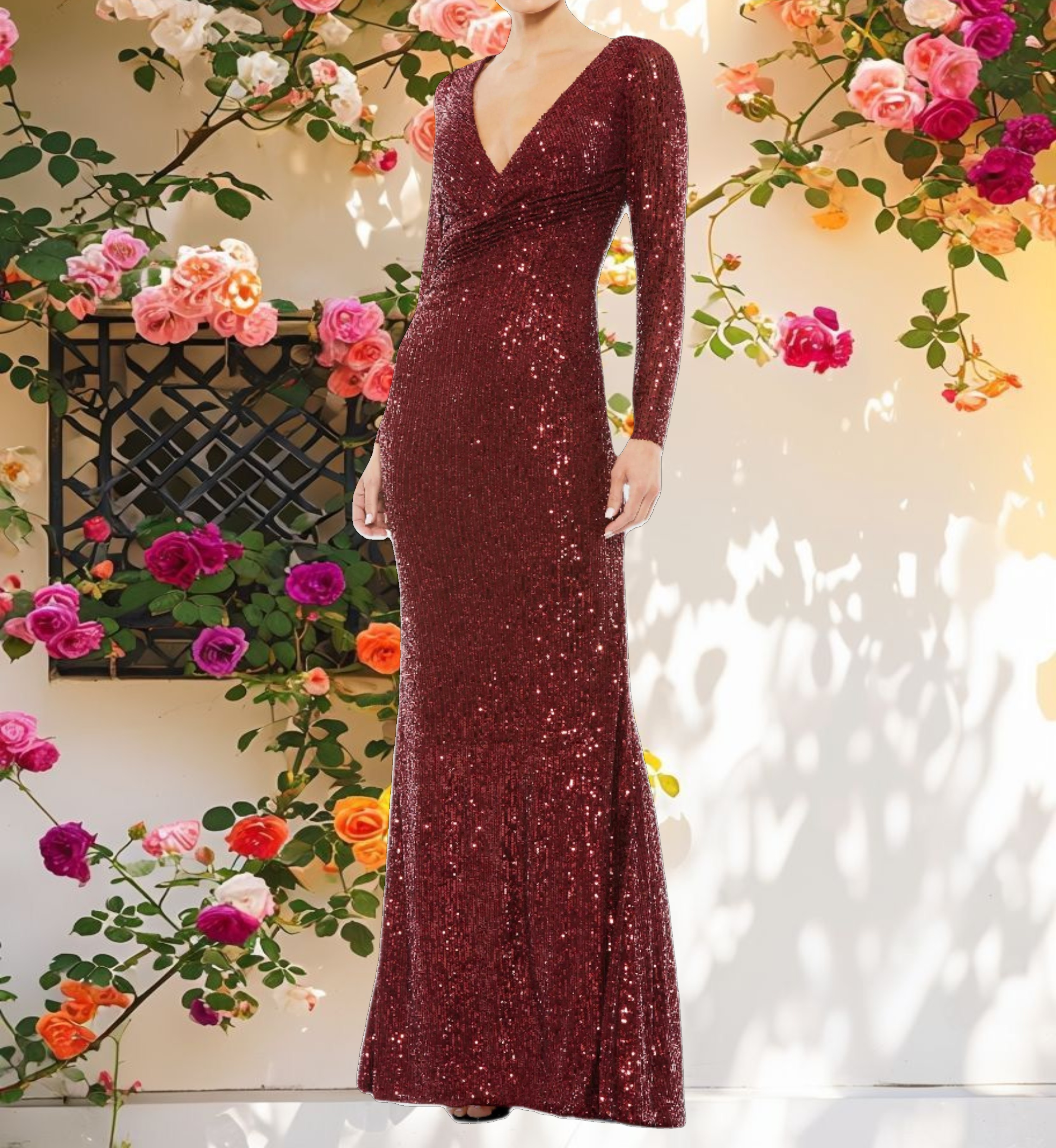 Glittered Fake Belt Long Sleeve Column Dress