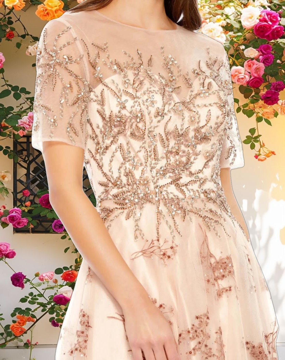 Pink Embellished Illusion Short Sleeve A Line Gown