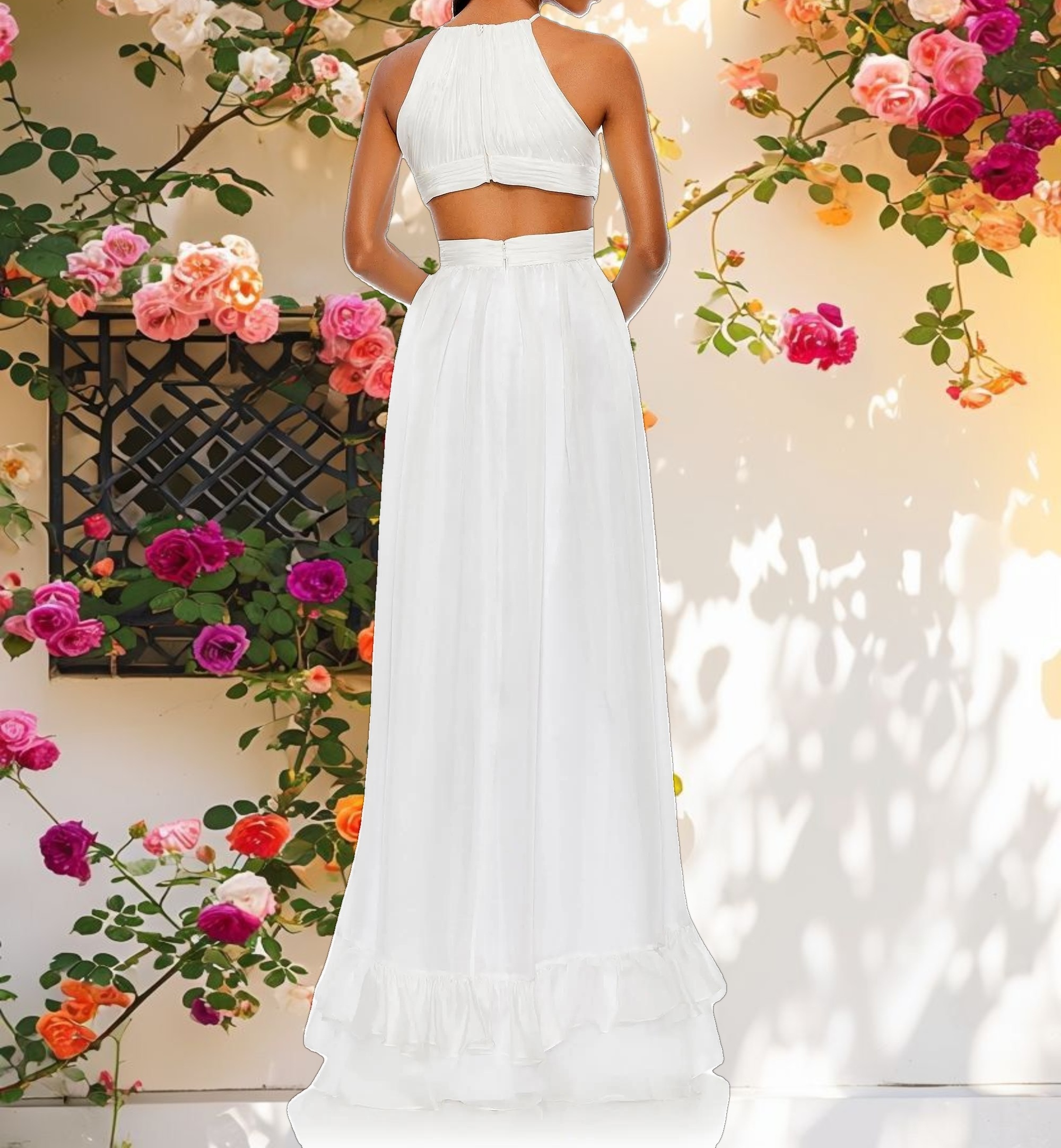 White Pleated Criss Cross Cut Out Halter Neck Gown