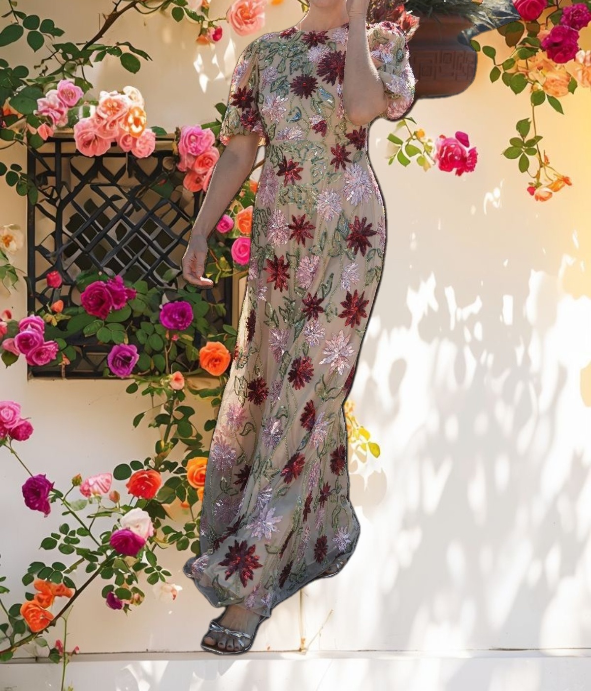 Beige Floral Beaded Mesh Puff Sleeve Gown