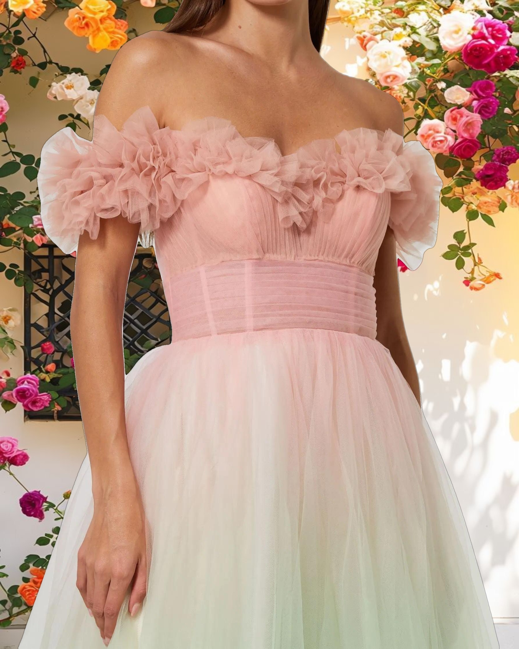 Multi-color Off The Shoulder Ombre Tulle Dress