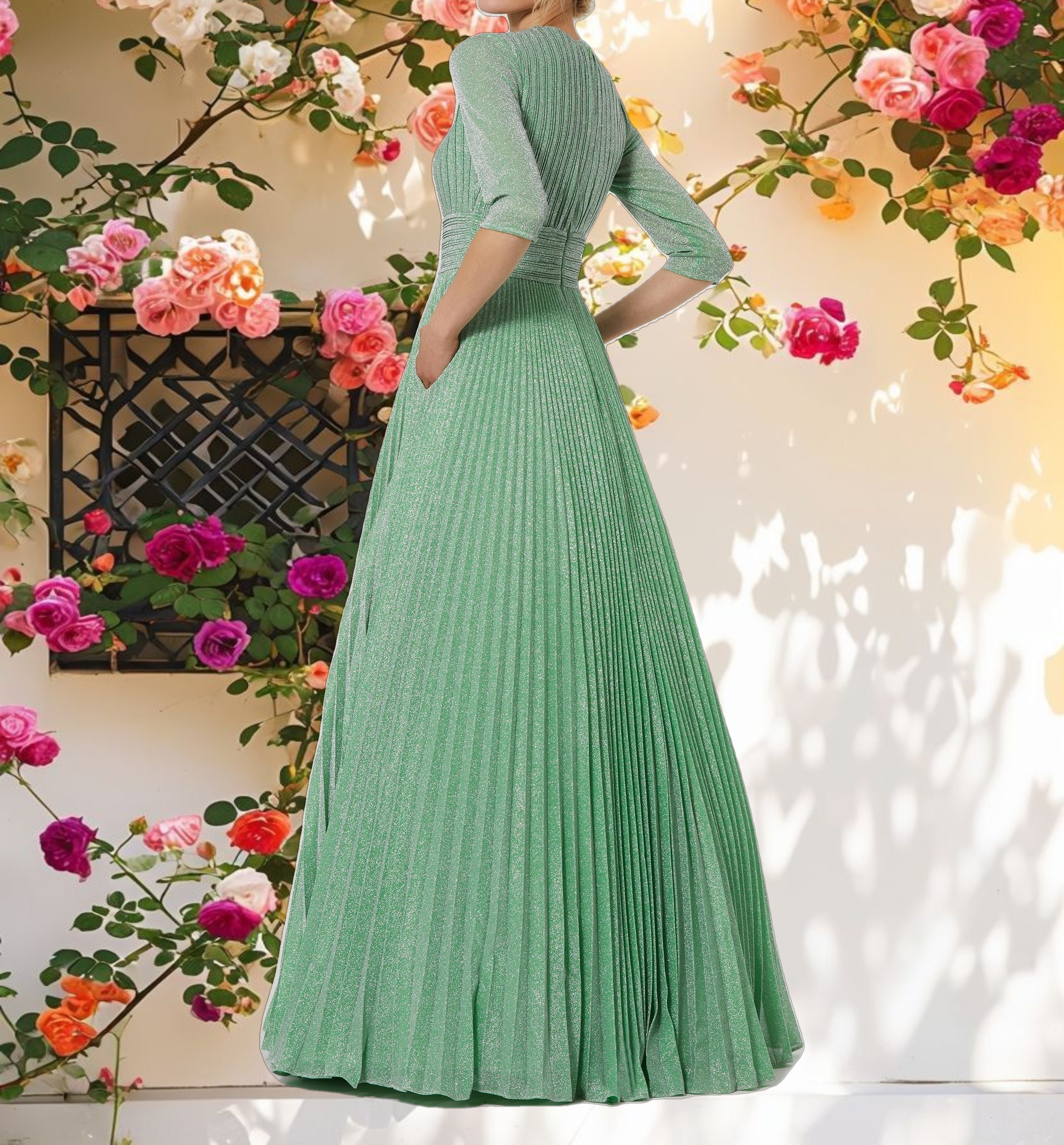 Green Pleated Shimmering 3/4 Sleeve Gown