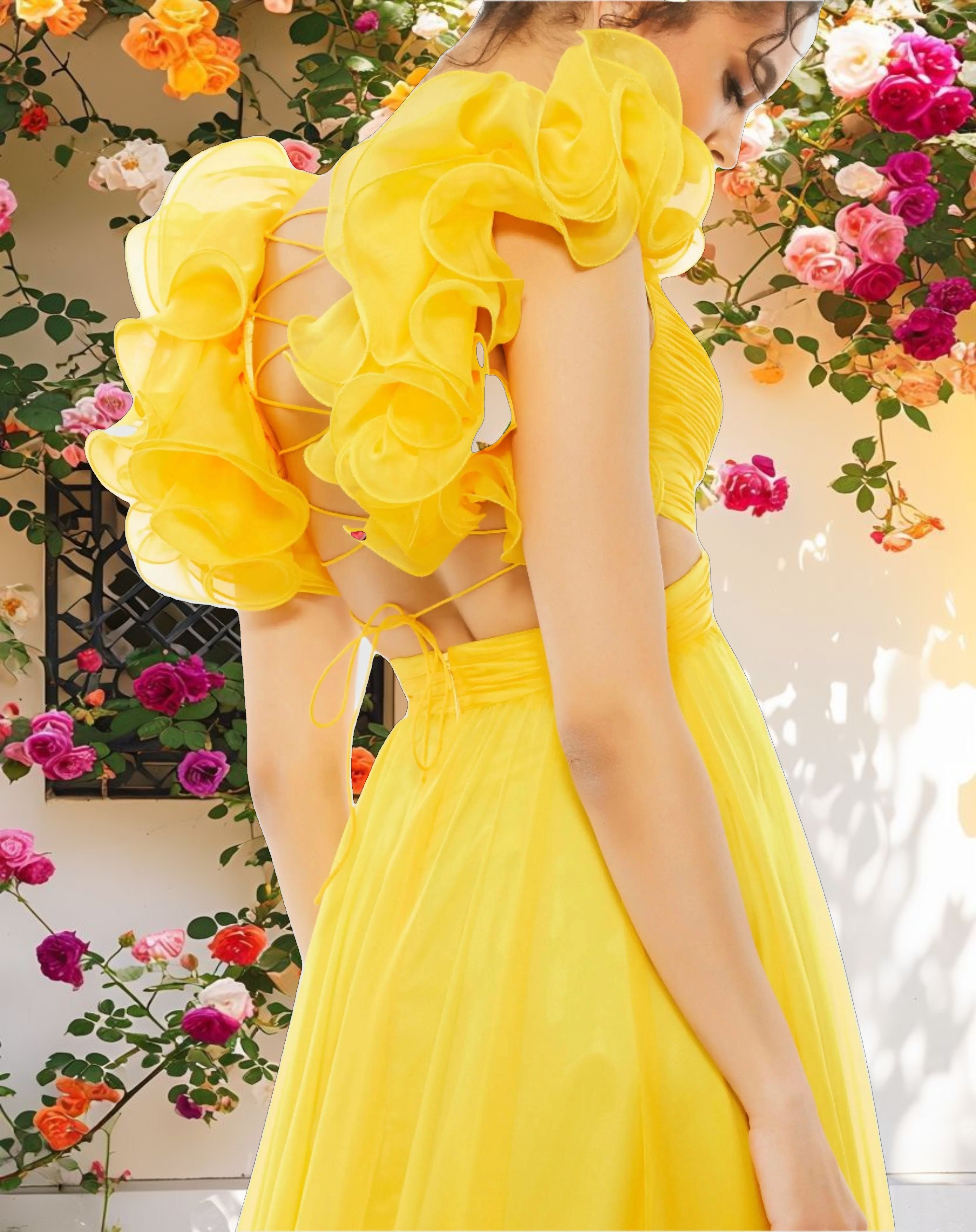 Ruffle Tiered Cut Out Chiffon Gown