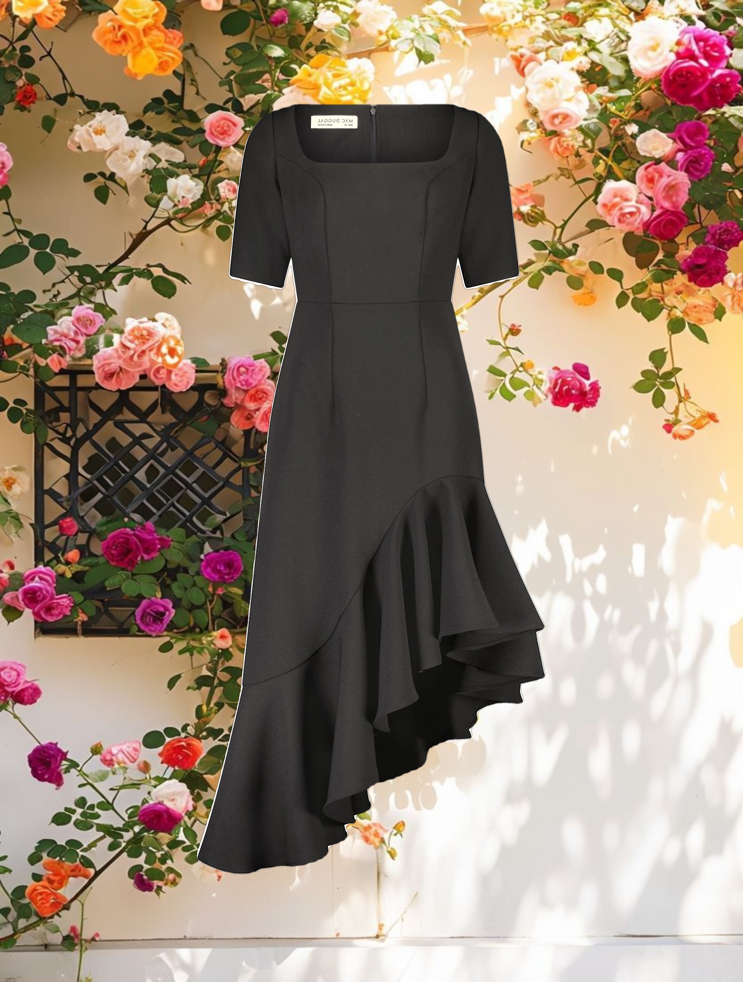 Black Crepe 34 Sleeve Asymmetrical Hem Dress