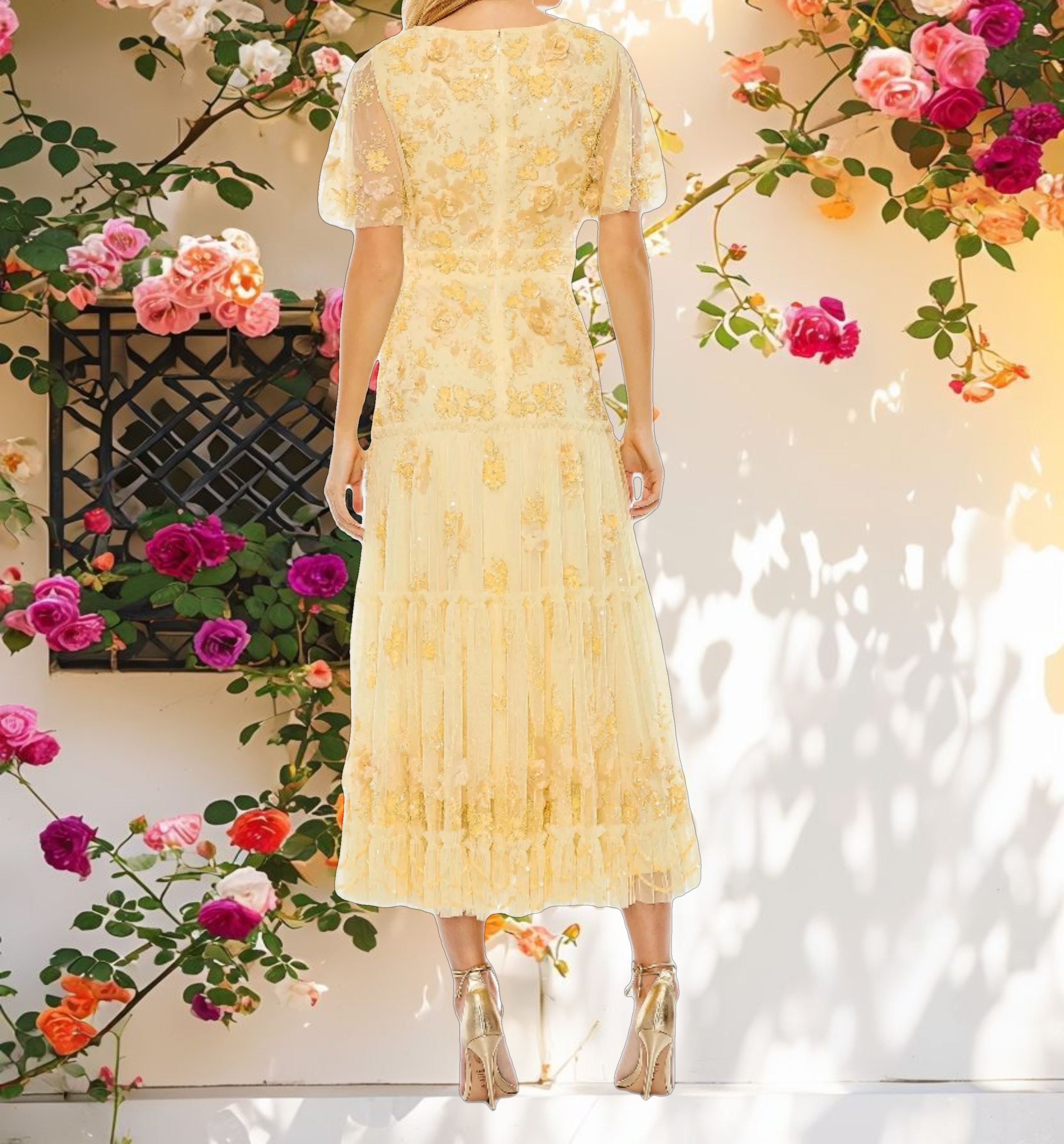 Yellow Floral Embellished Flutter Sleeve Tiered Dress