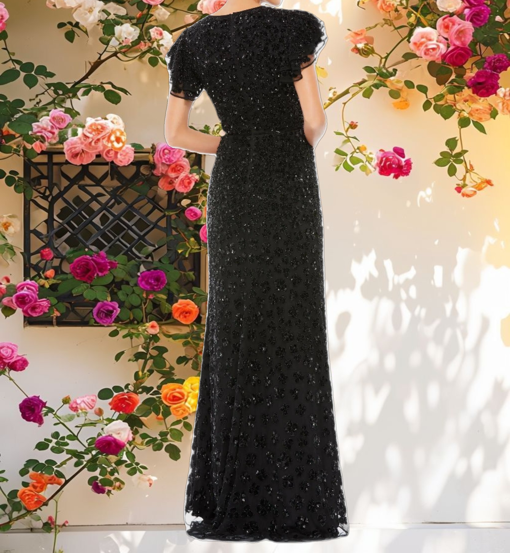 Black High Neck Flutter Cap Sleeve Gown