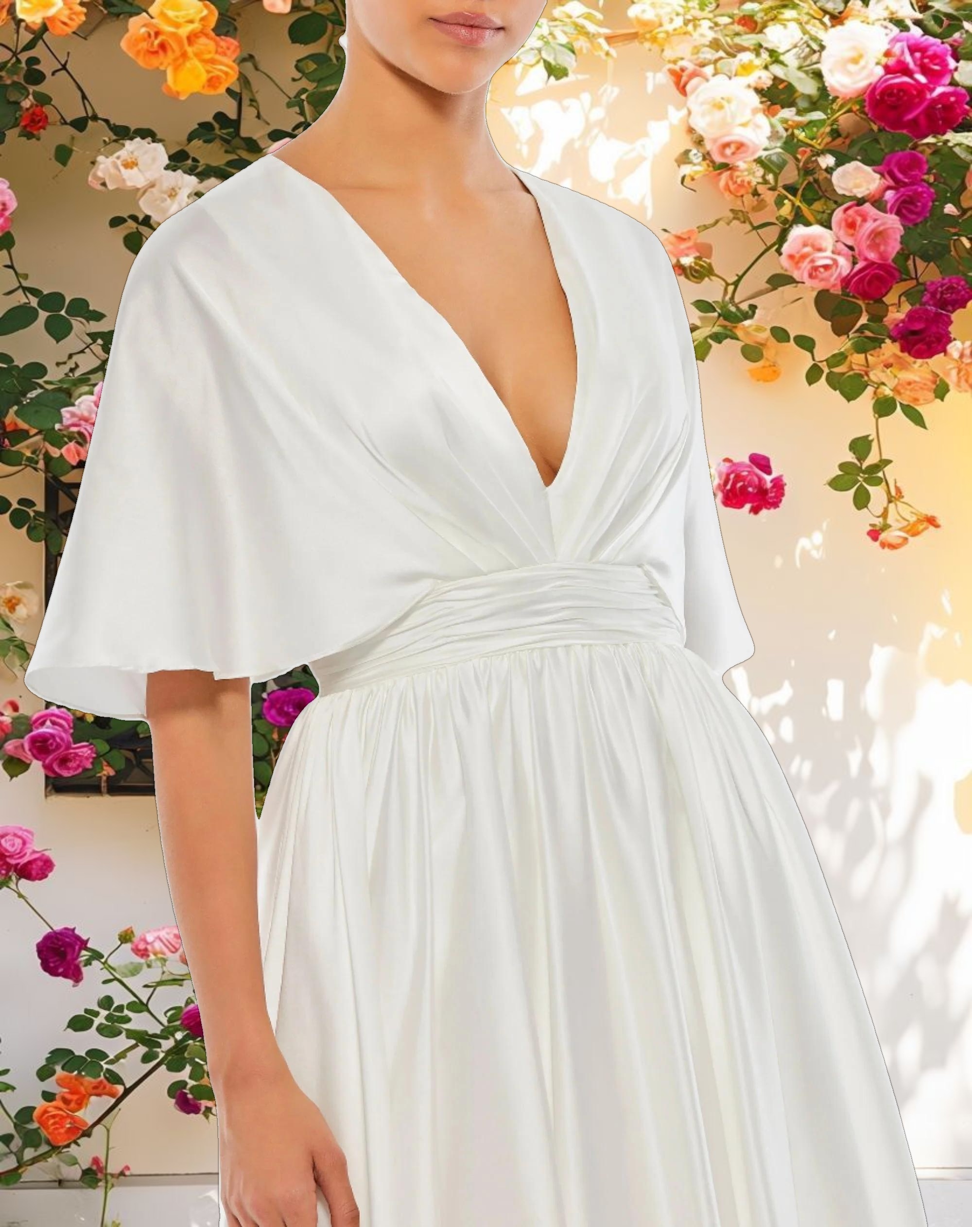 White Satin Flowy Cape Sleeve Mini Dress