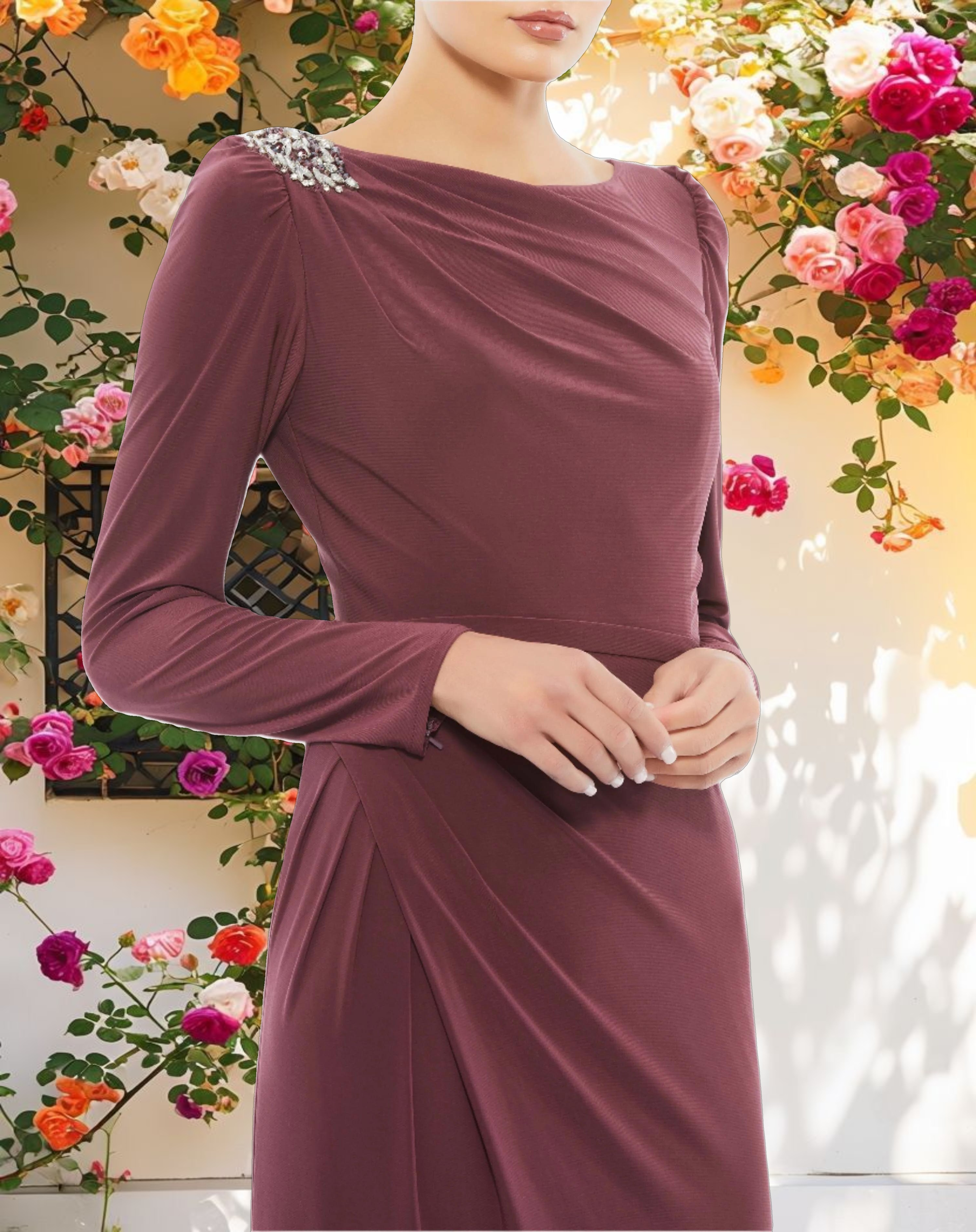 Draped Bateau Long Sleeve Trumpet Gown