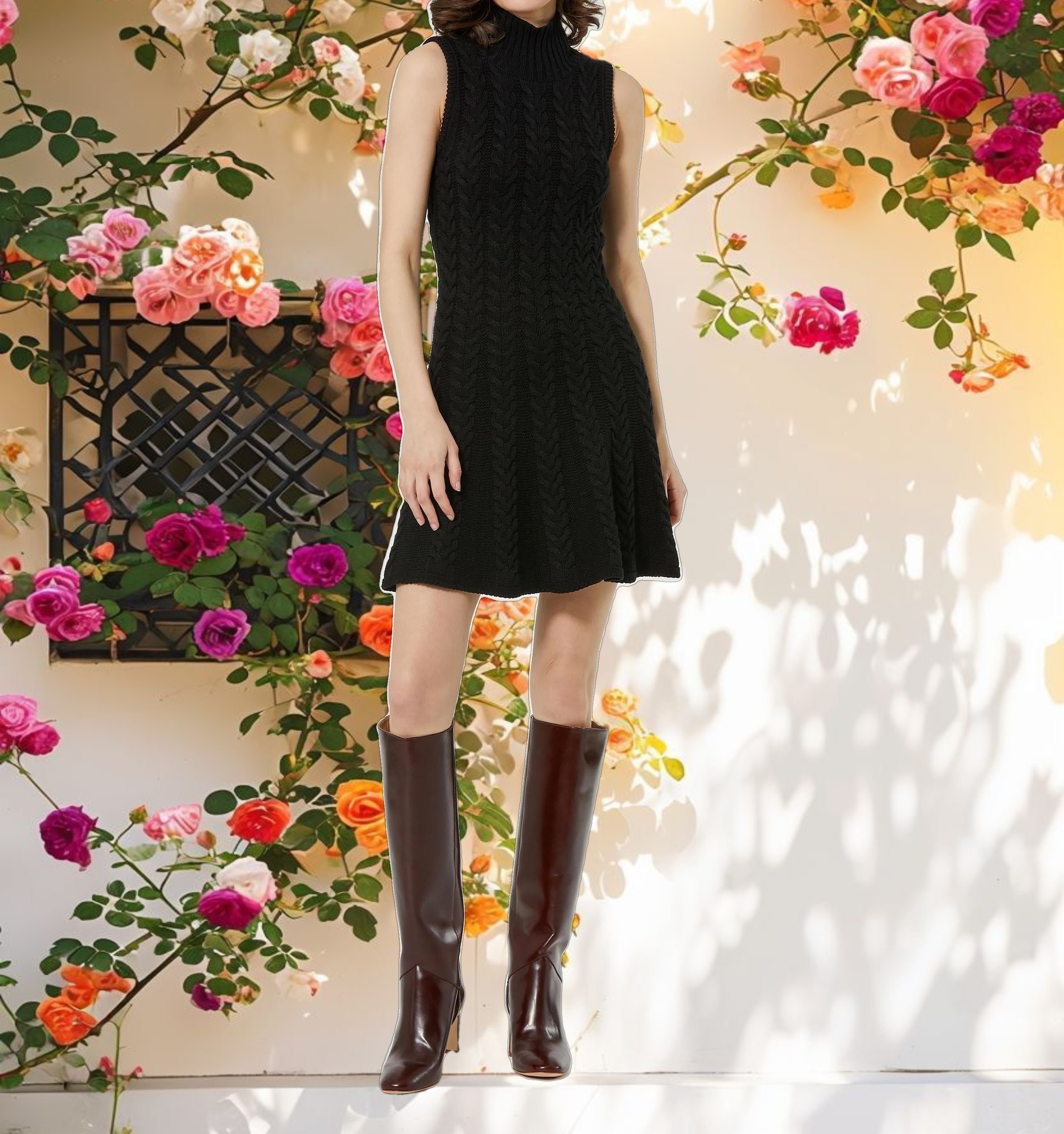 Cable Knit Turtleneck Sleeveless Mini Dress