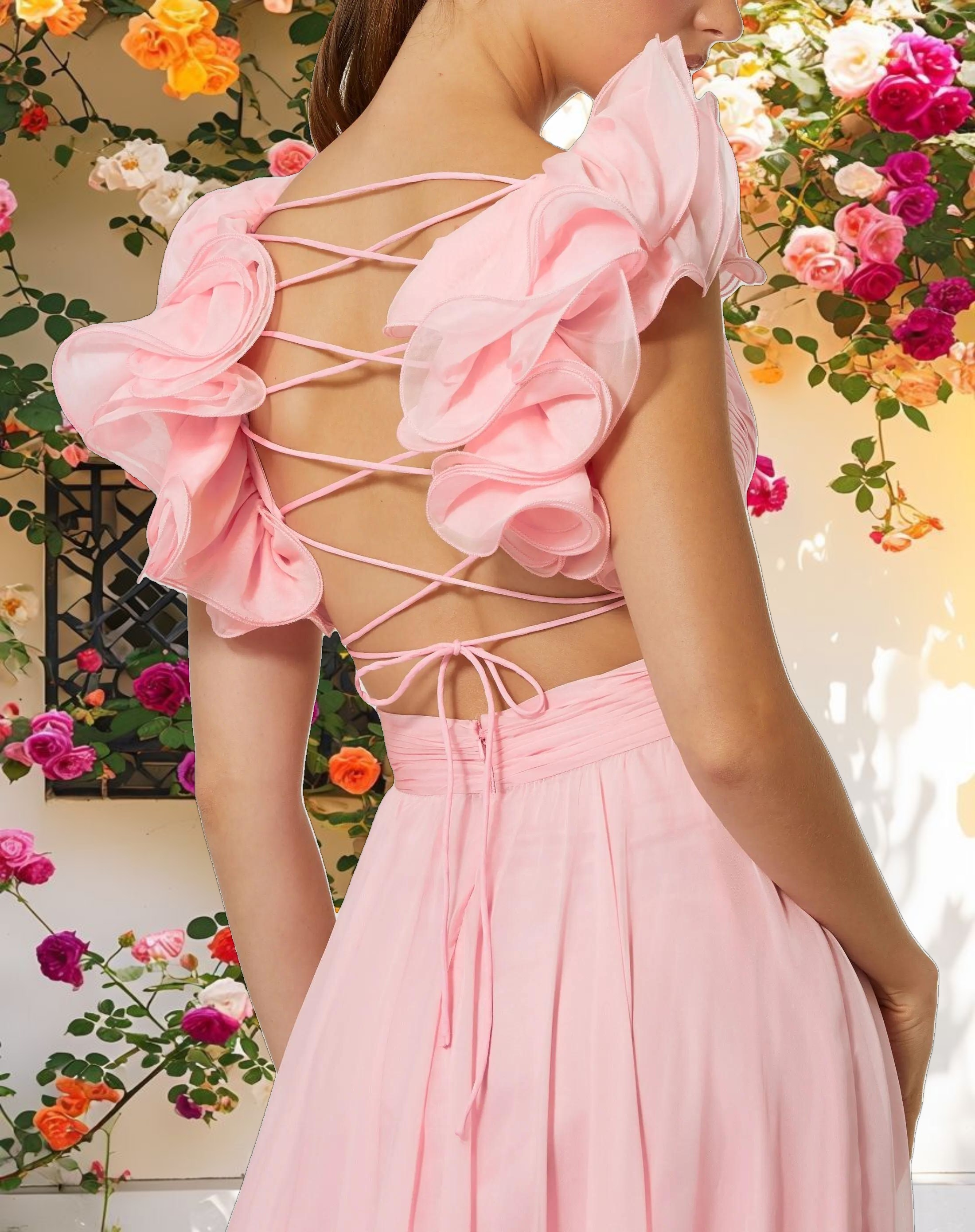 Ruffle Tiered Cut Out Chiffon Gown