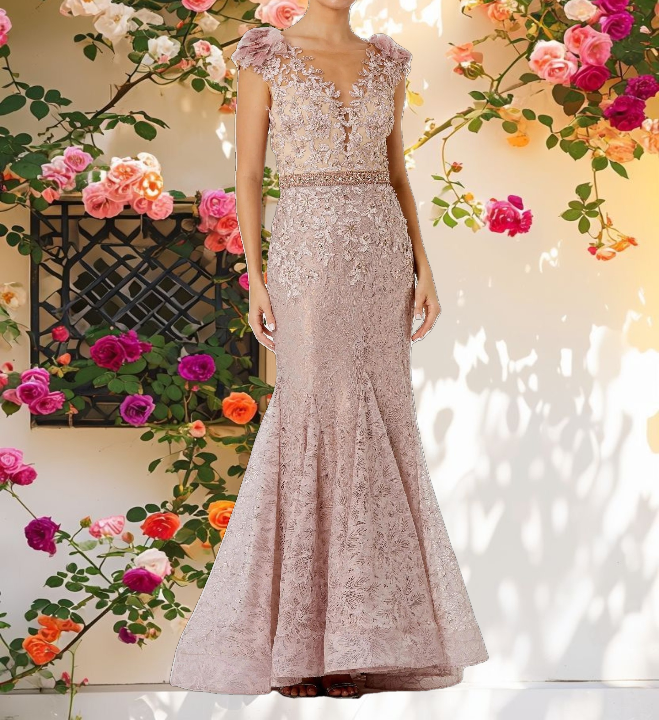 Pink Embroidered Illusion Appliqued Bodice Trumpet Gown