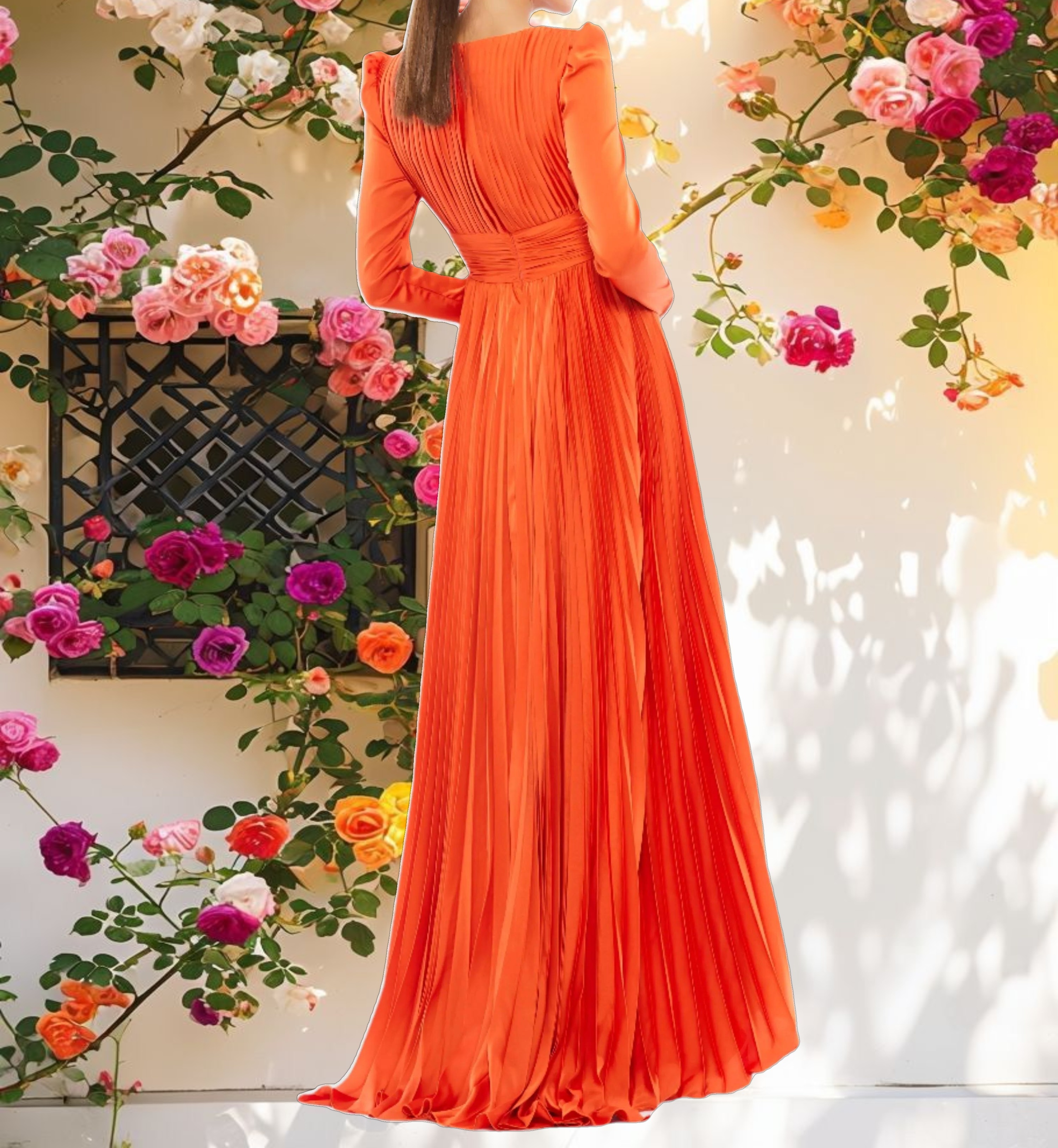 Pink Pleated Long Sleeve V Neck Gown