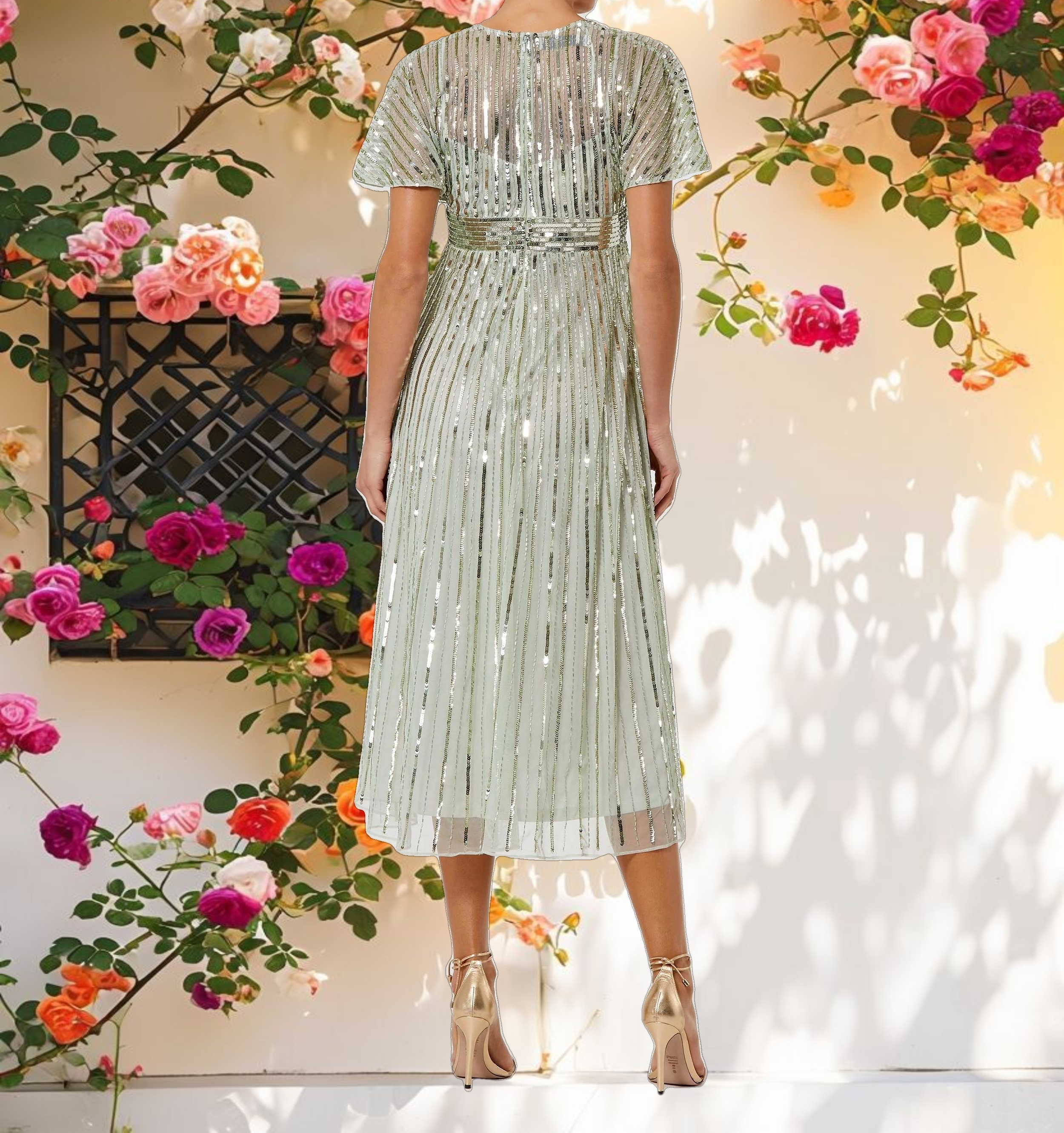 Green Empire Waist Embellished Short Sleeve Dress