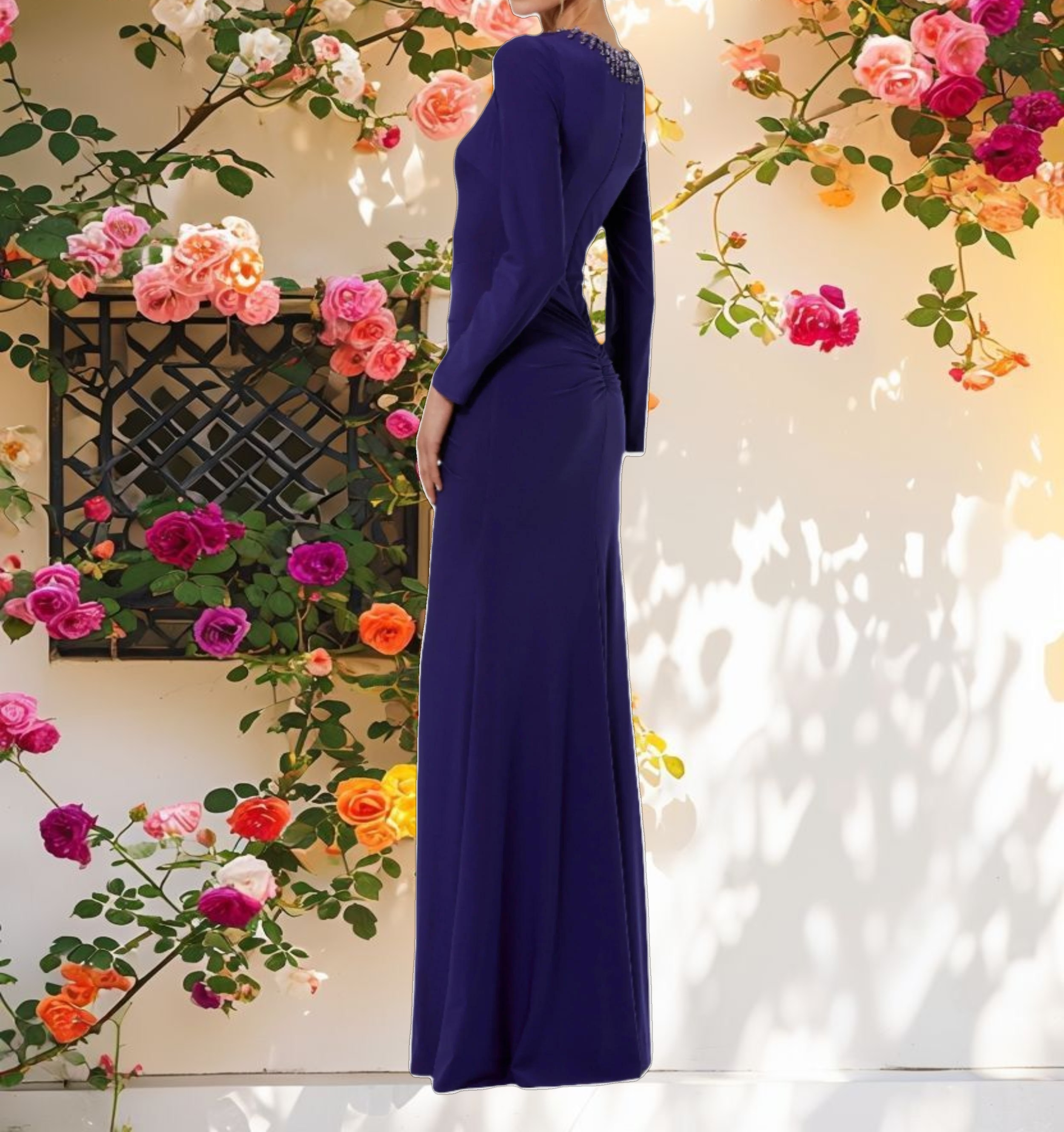 Purple Long Sleeve Jersey Ruched Gown With Beaded Neck
