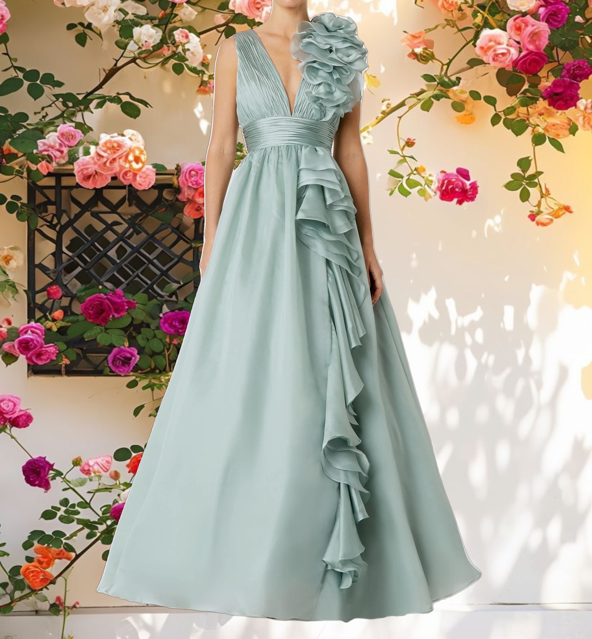 Ruffle Shoulder V-Neck Chiffon Gown