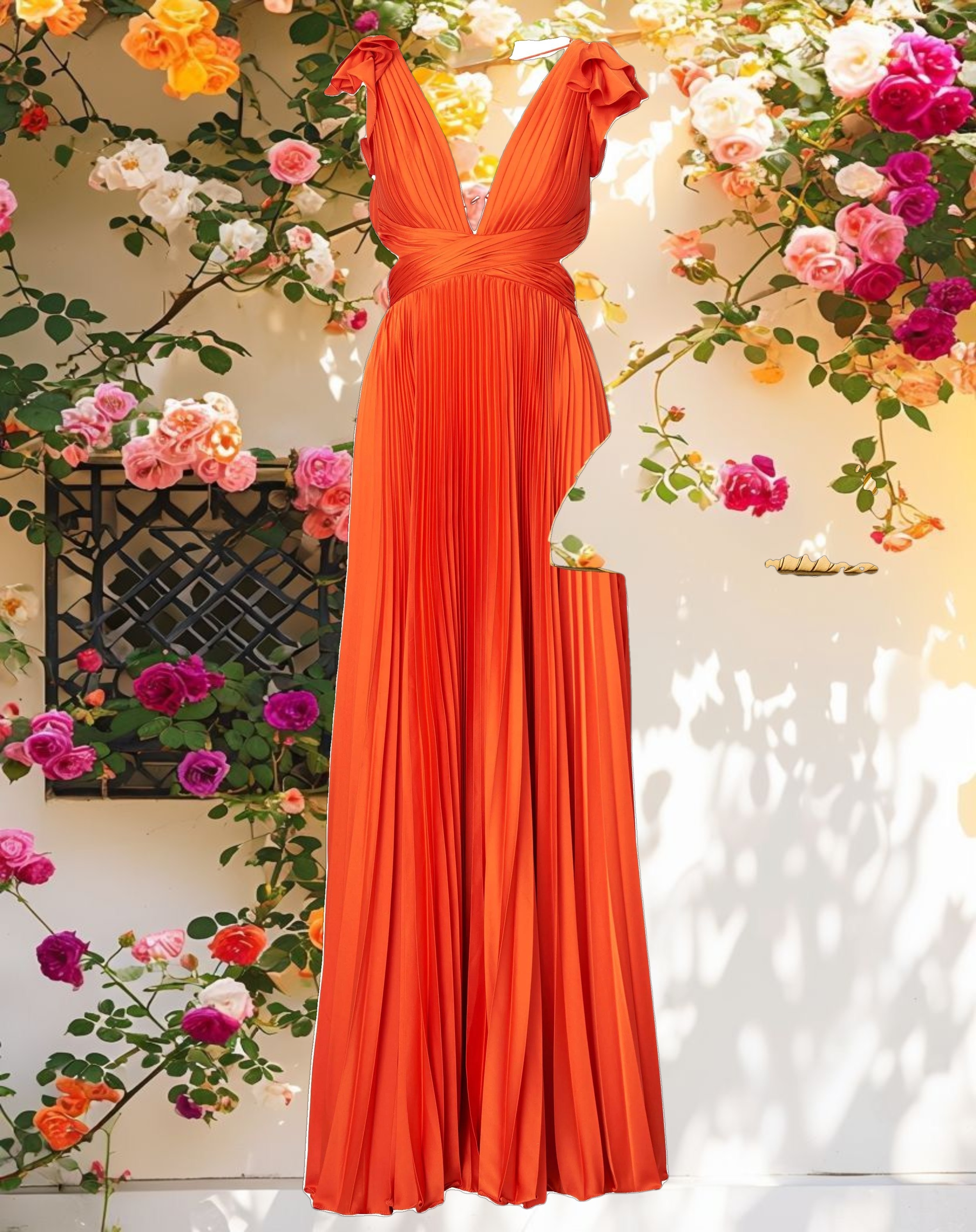 Orange Pleated Ruffled Cap Sleeve Cut Out Lace Up Gown