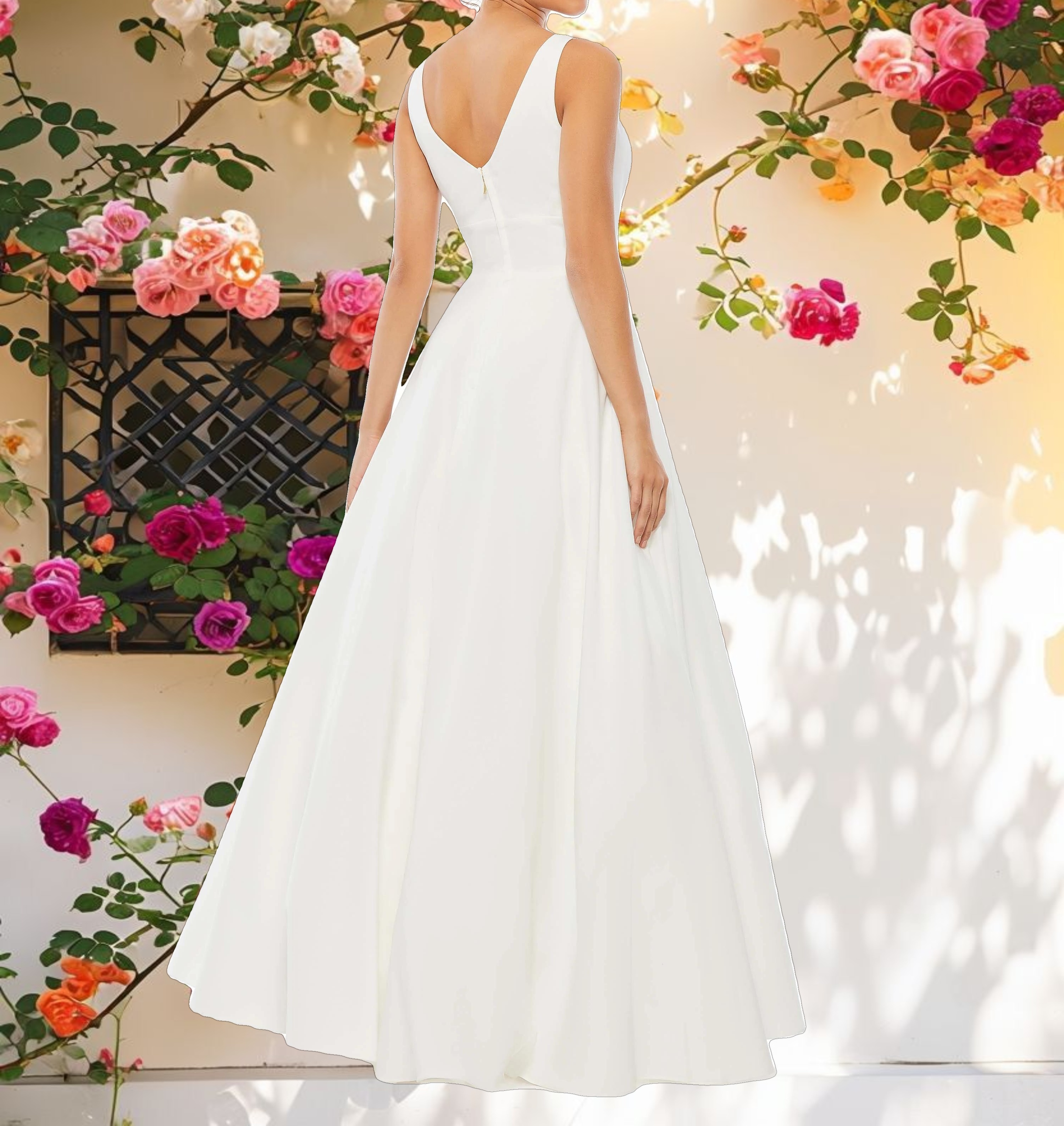 White Classic Sleeveless A Line Gown with Pockets
