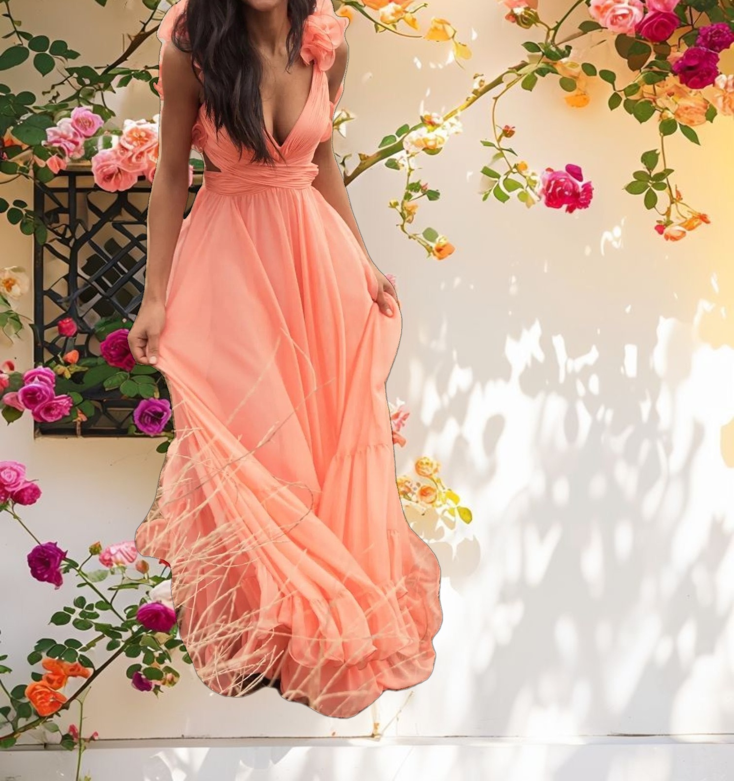 Ruffle Tiered Cut Out Chiffon Gown