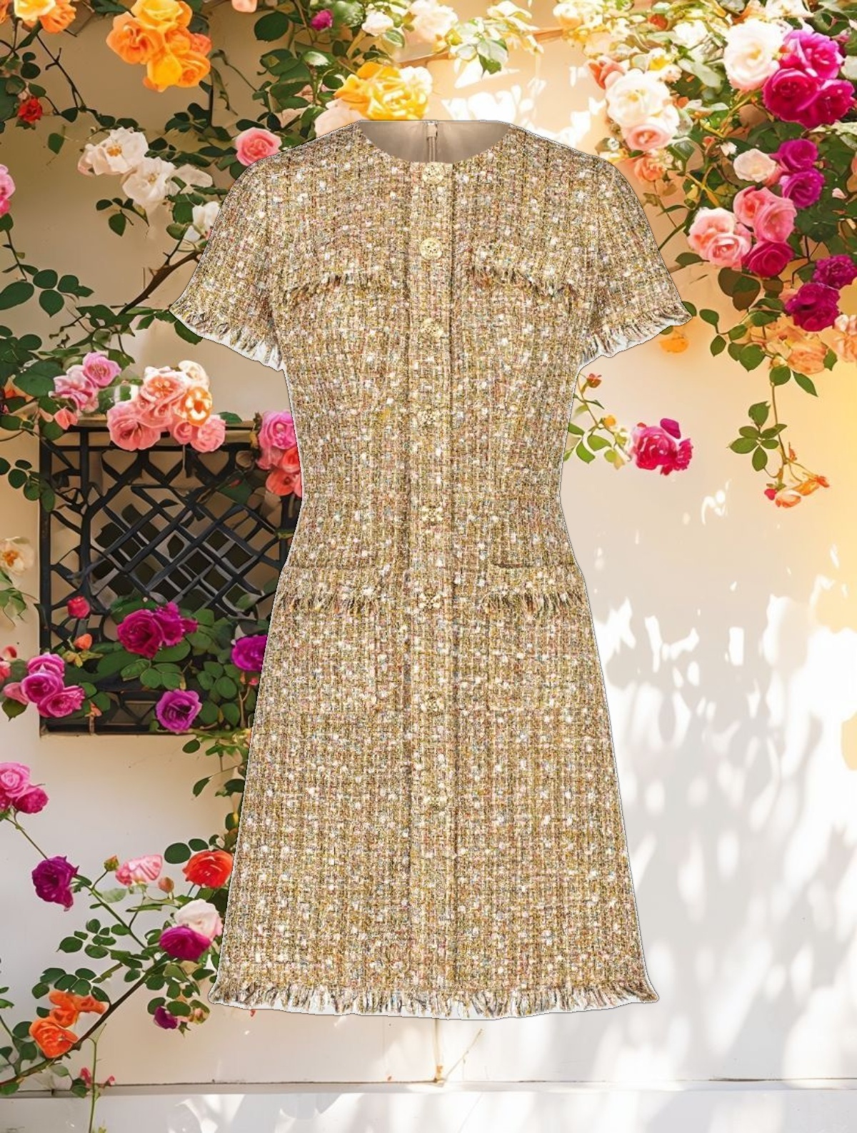 Beige Boucle Short Sleeve Mini Dress With Pockets