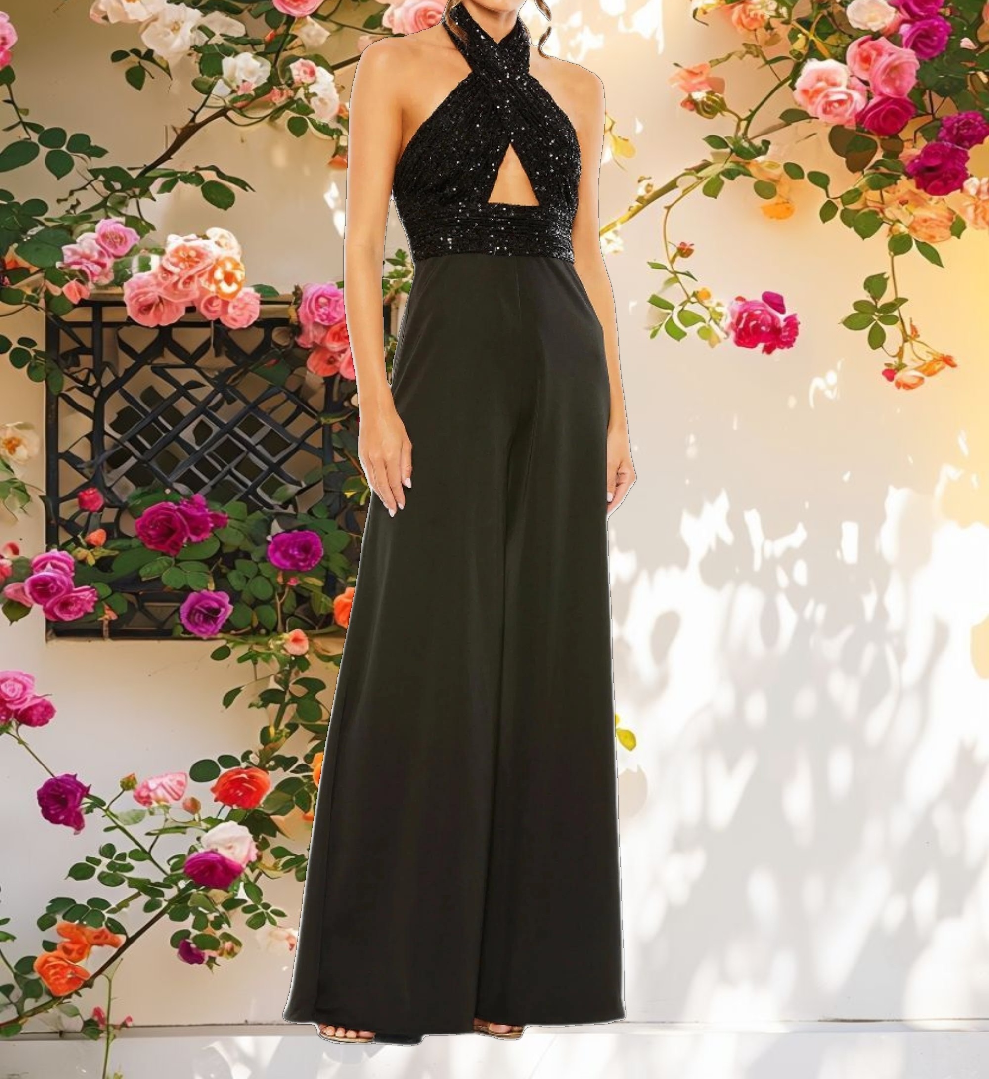 Sequined Cross Neck Halter Jumpsuit