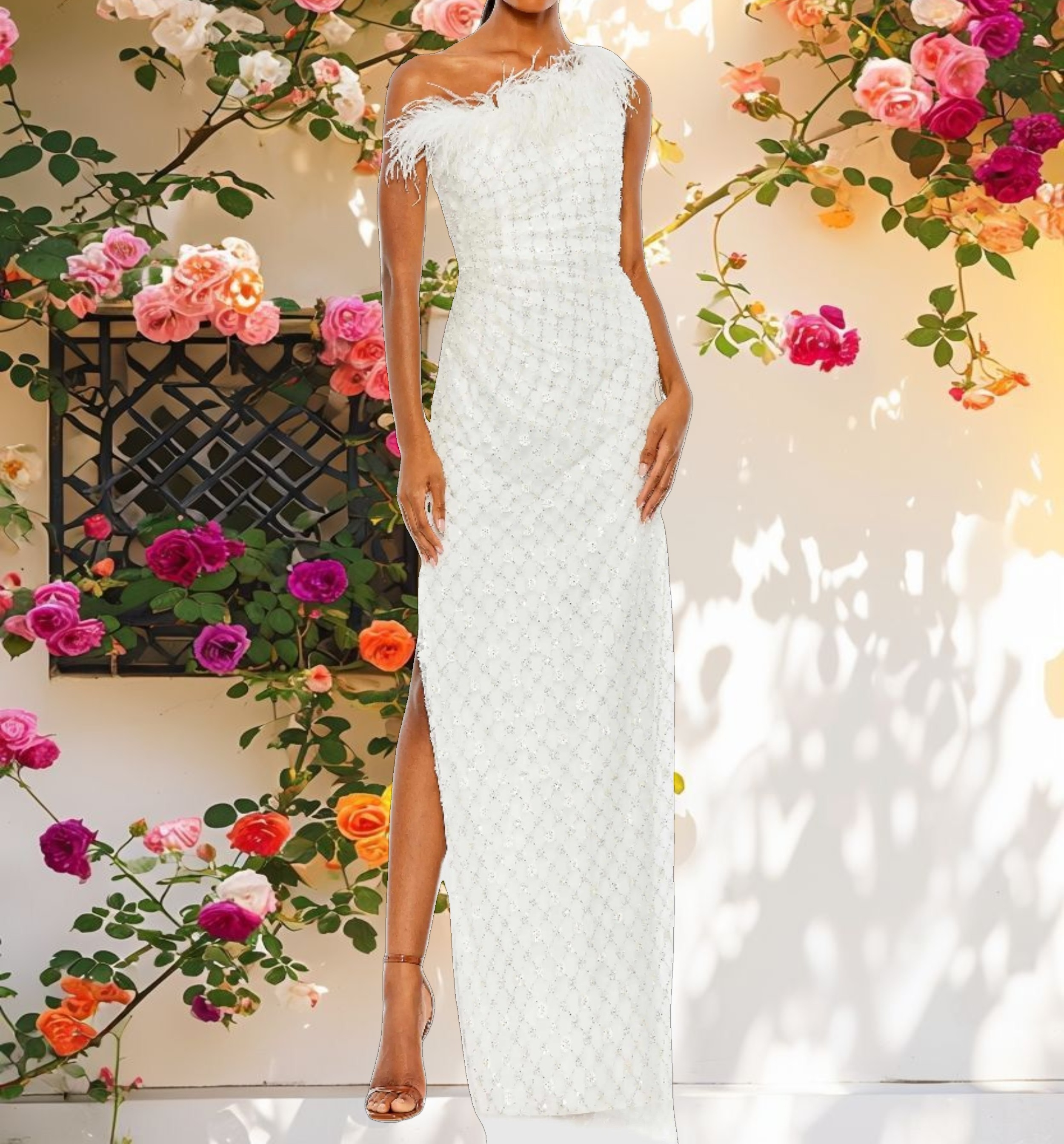 White Embellished One Shoulder Gown w/ Ostrich Feathers