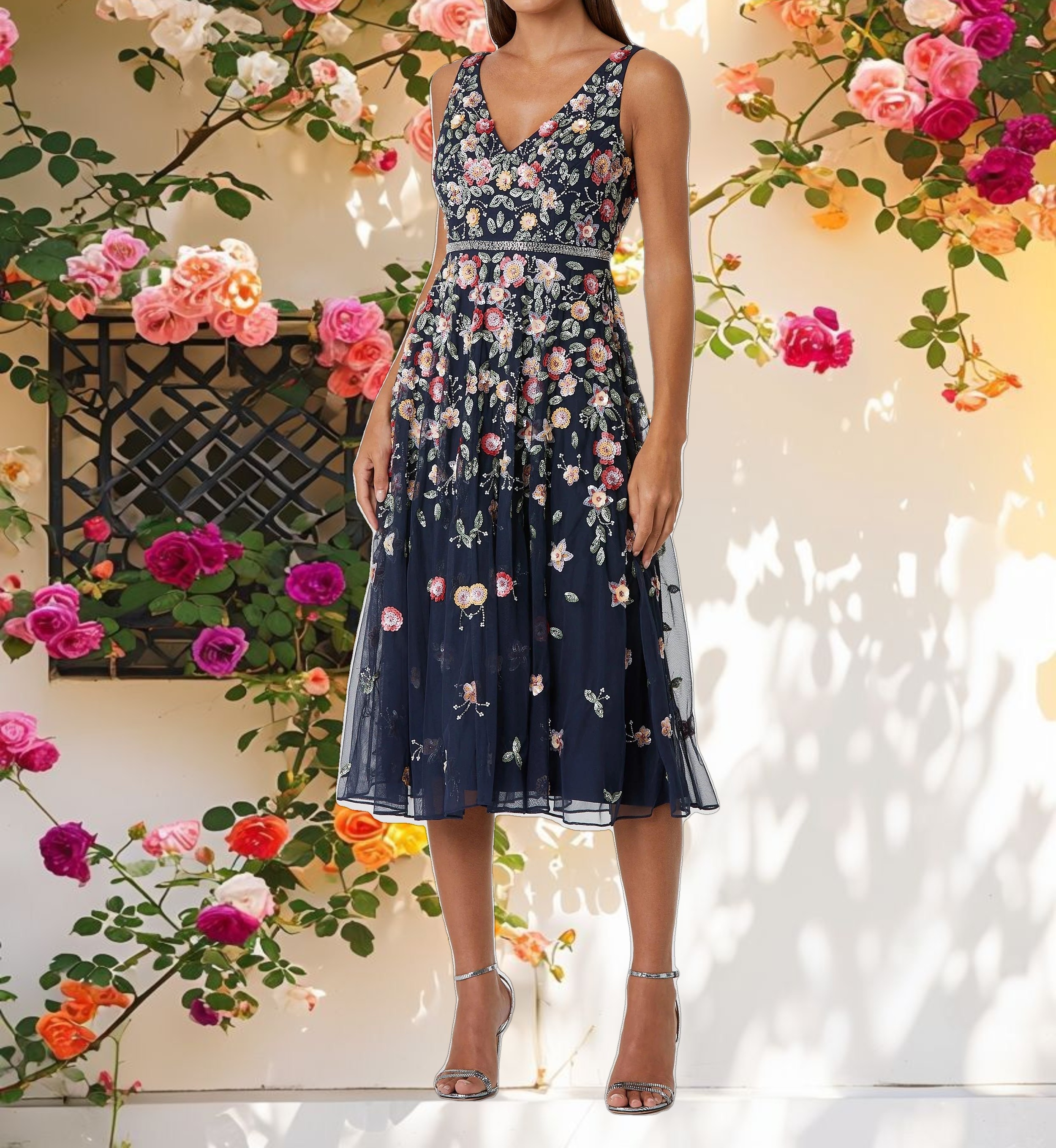 V-neck Sleeveless Midi Floral Beaded A line Dress
