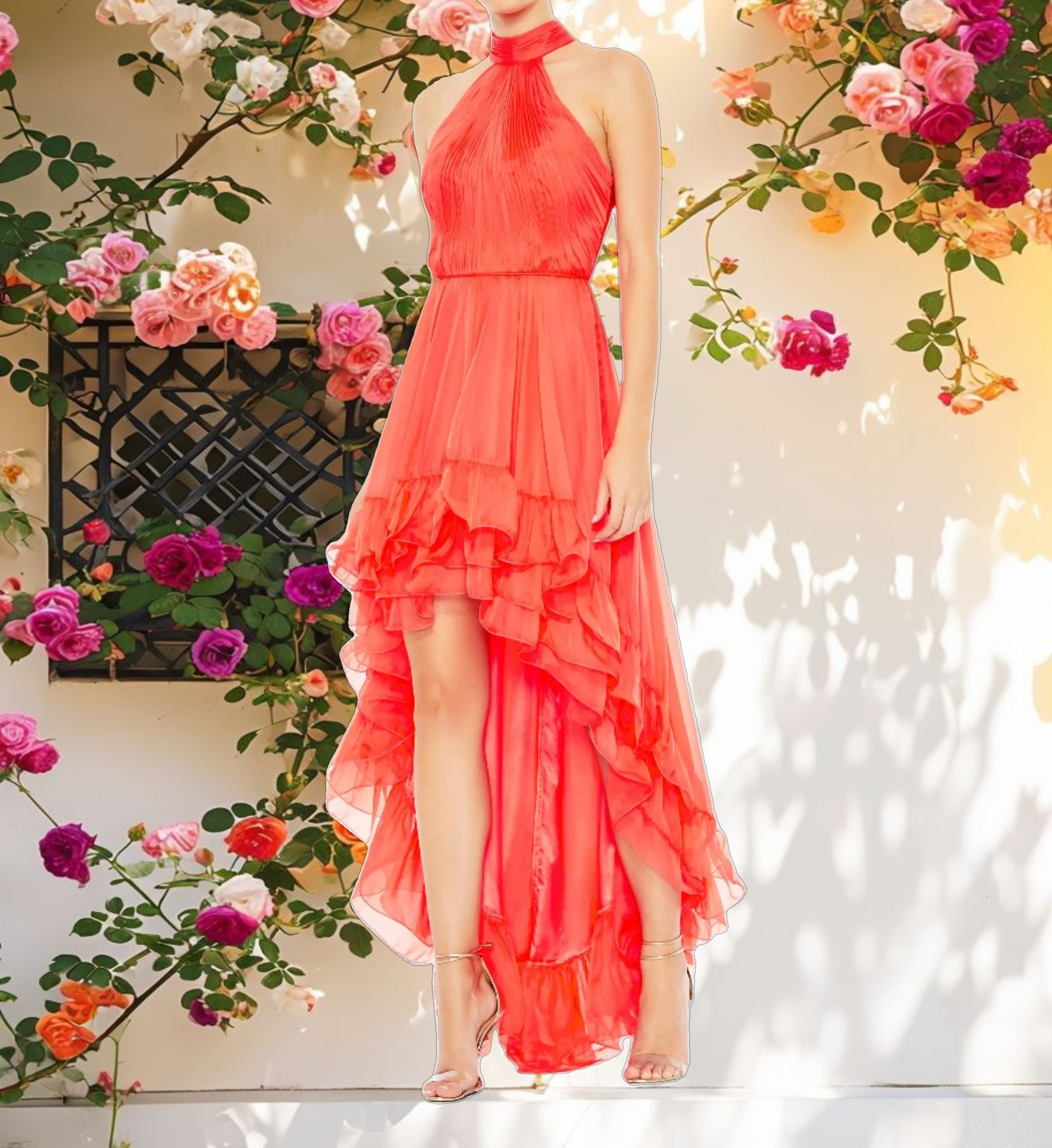 Pink Ruffle Tiered High Low Pleated Halter Neck Gown