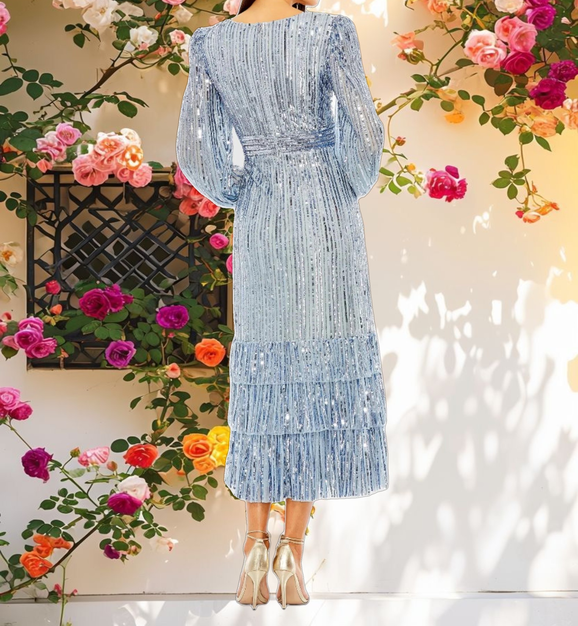 A Line V Neck Sequin Ruffle Dress