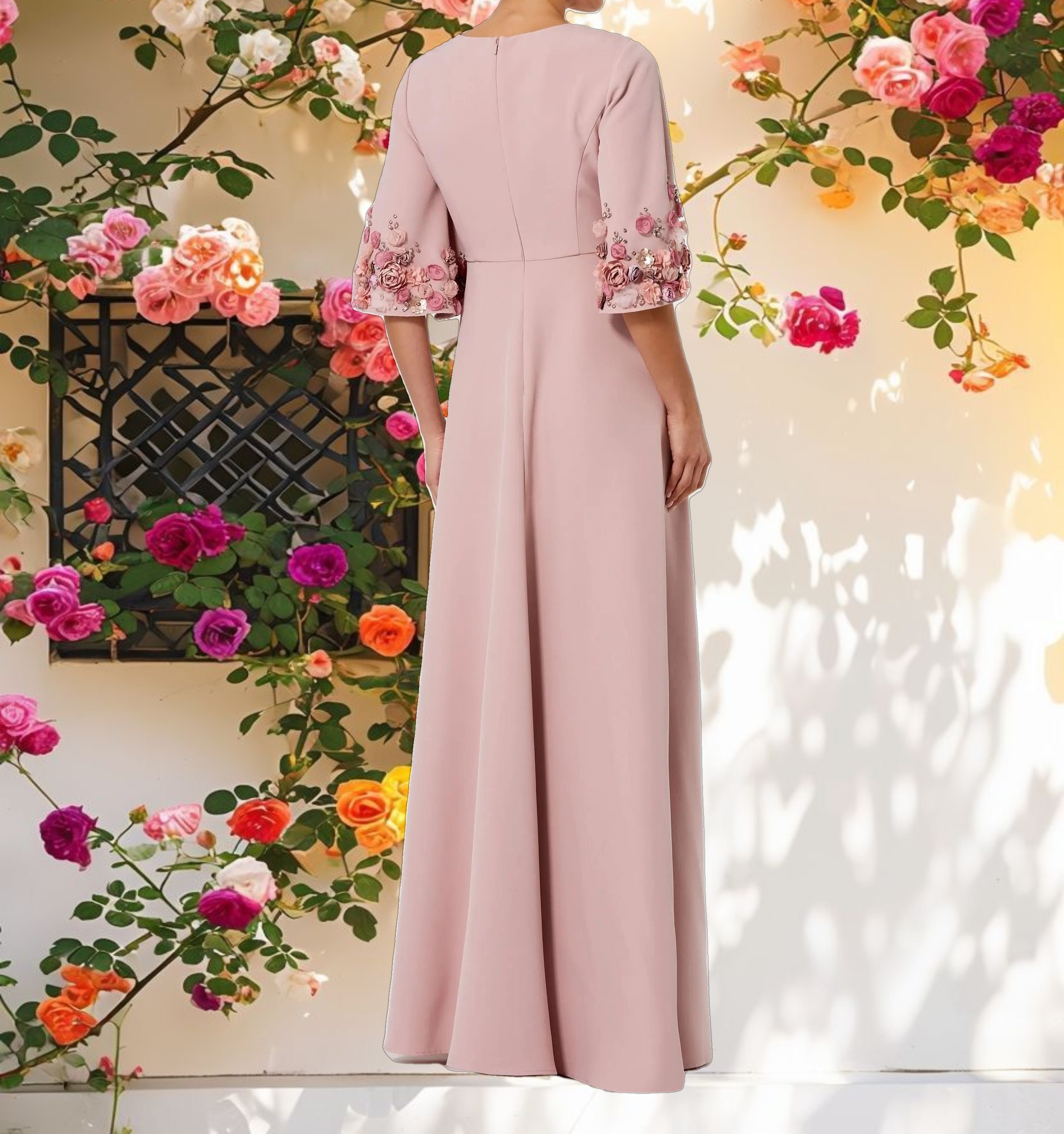 Pink Crepe 3/4 Sleeve A Line Gown With Flower Trim