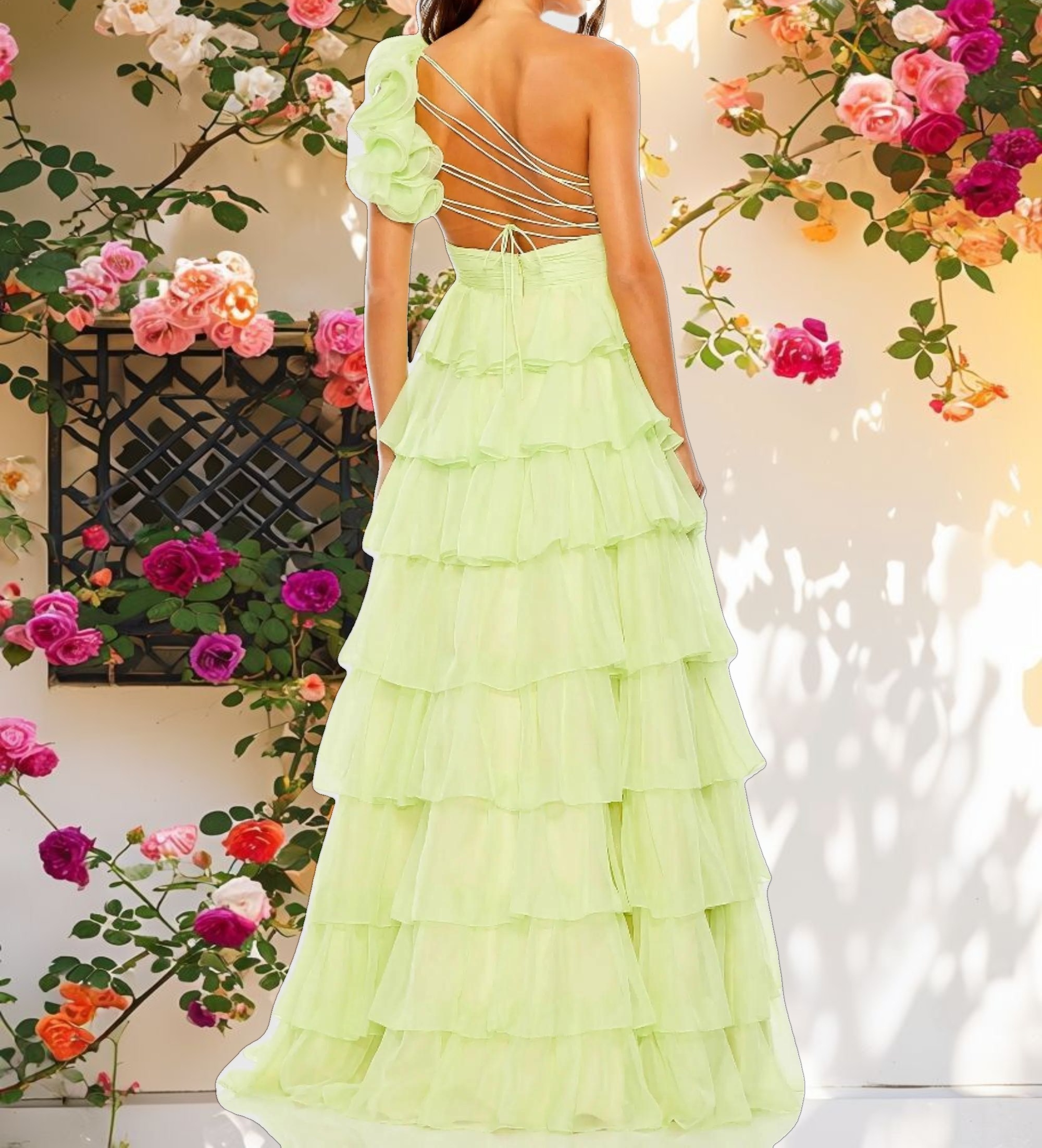 Green One Shoulder Ruffle Tiered Ballgown