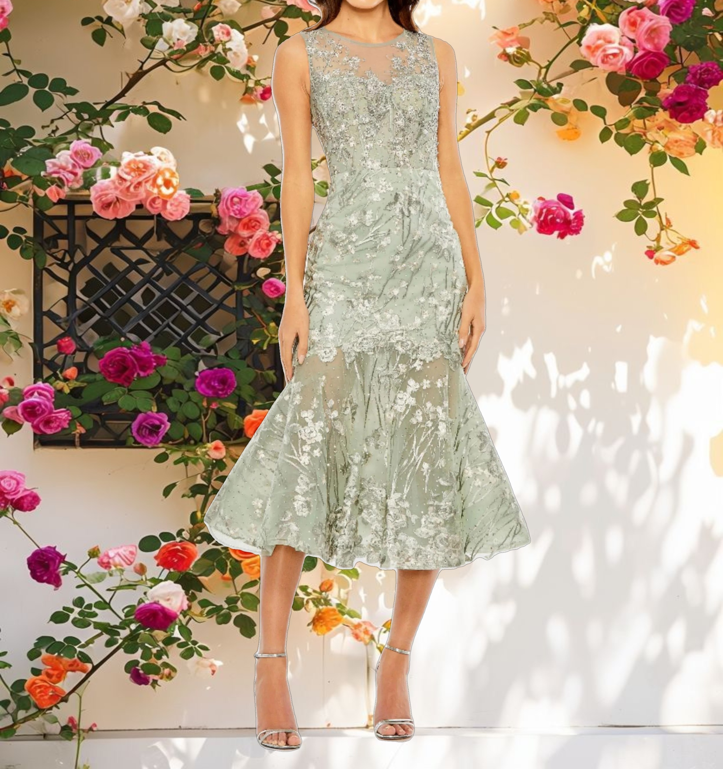 Green Sleeveless Embroidered Mermaid Midi Dress