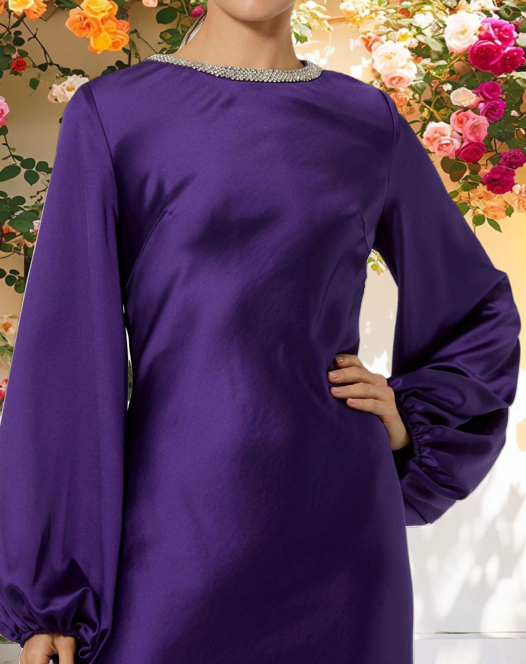 Purple High Neck Long Sleeve Crystal Detail Dress