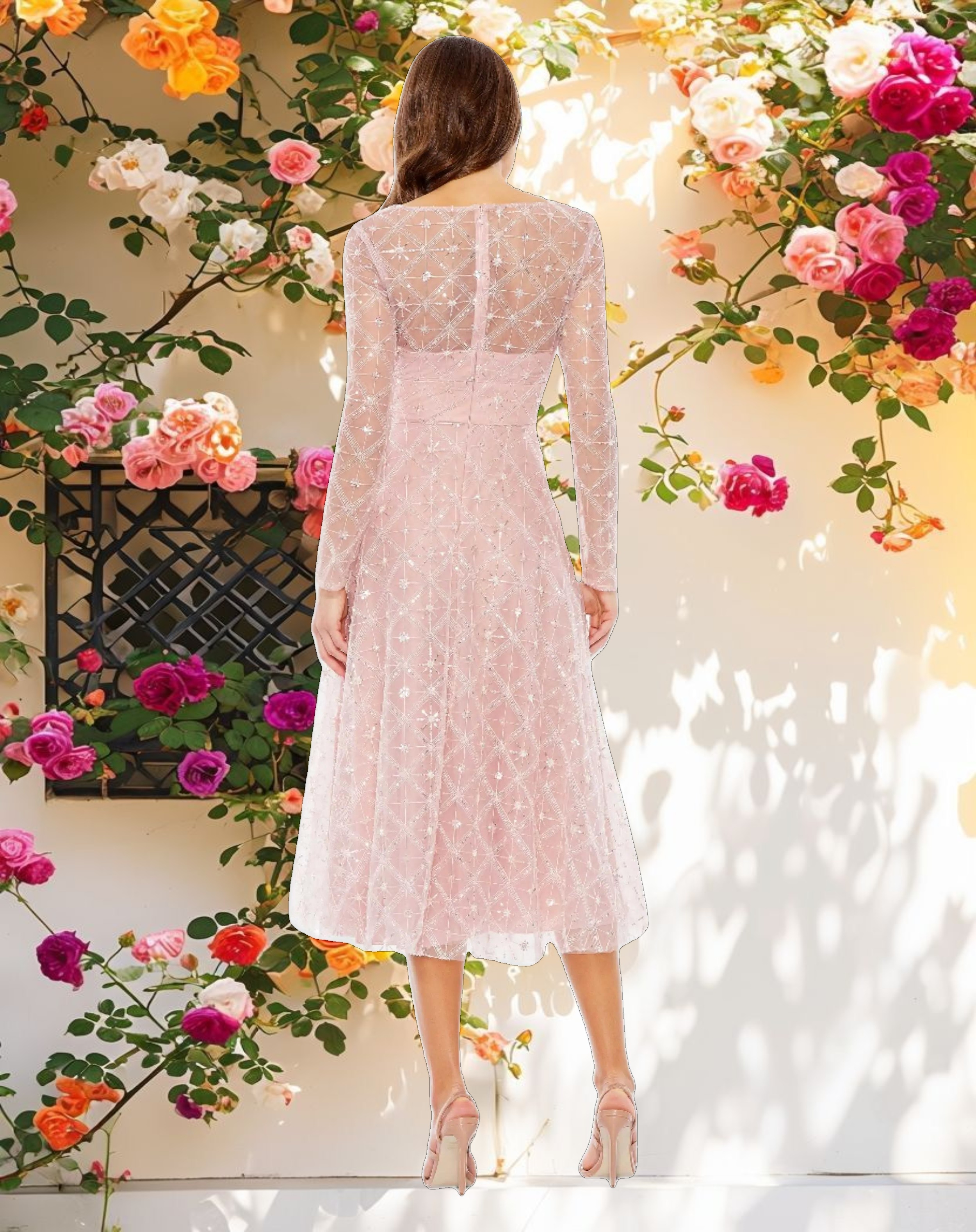 Embellished Illusion Long Sleeve Dress