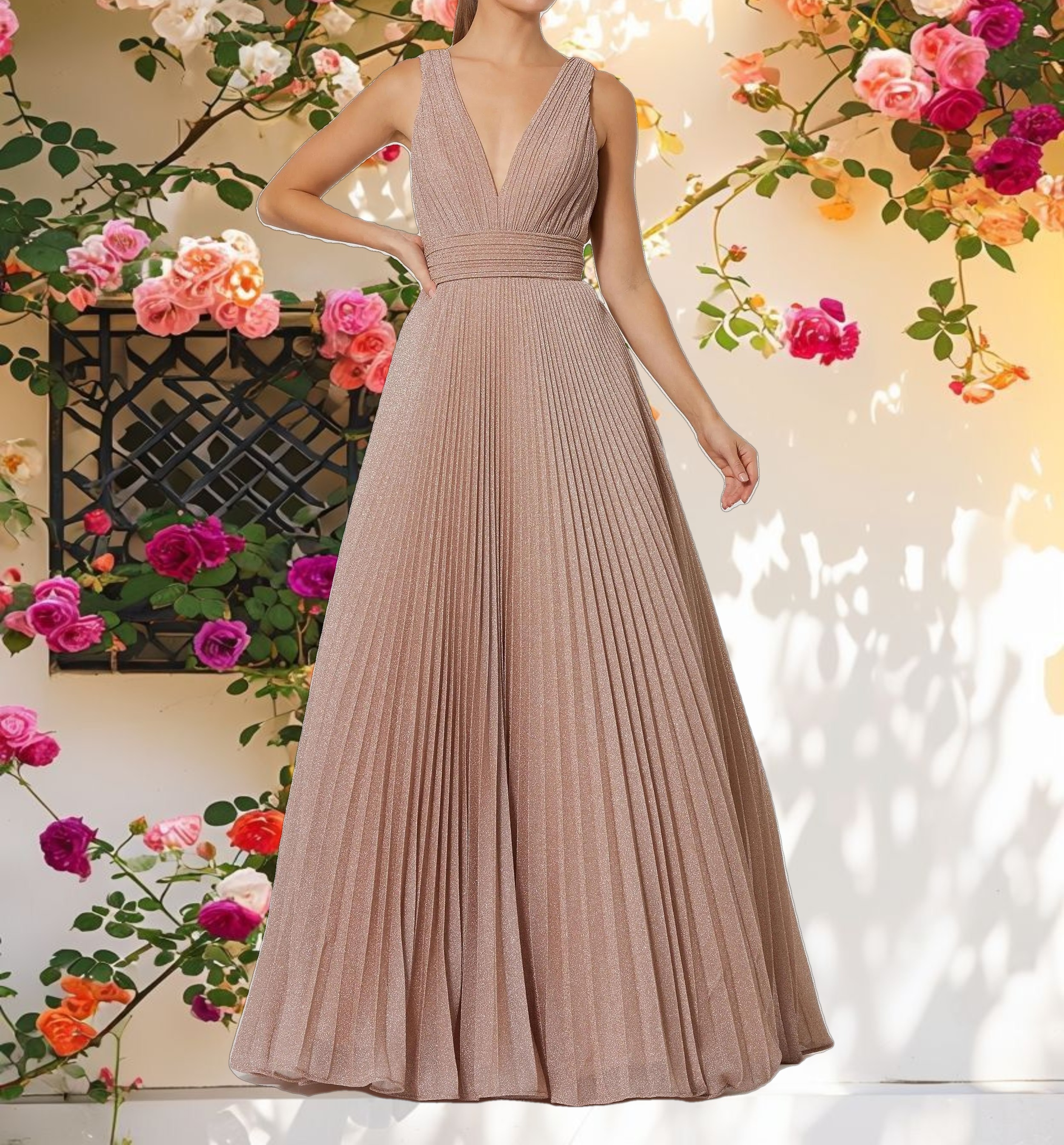 Pink Shimmering Pleated Sleeveless Gown