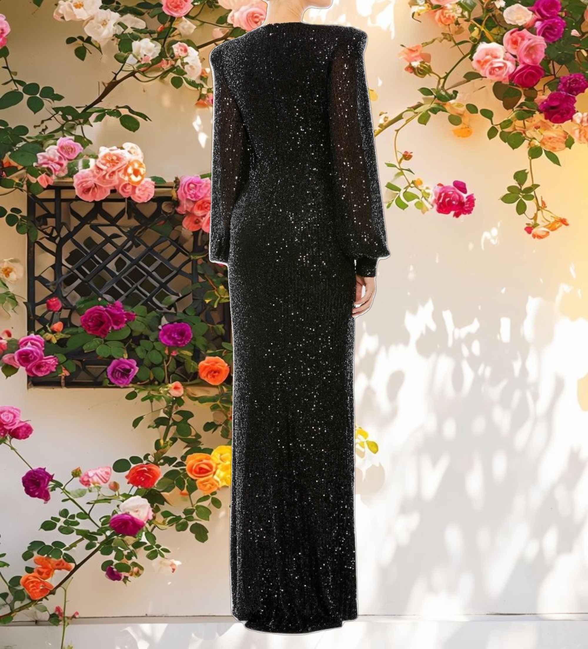 Black Sequined Plunge Neck Structured Bishop Sleeve Gown