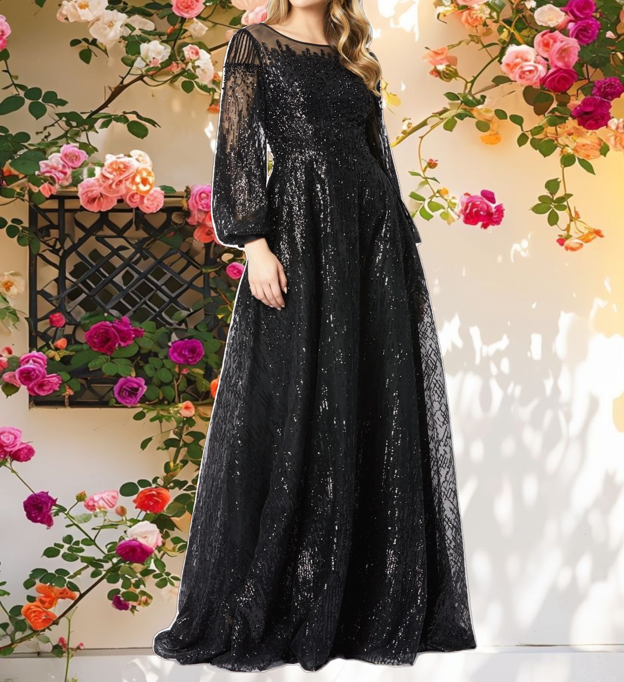 Black Jewel Encrusted Illusion Long Sleeve A Line Gown
