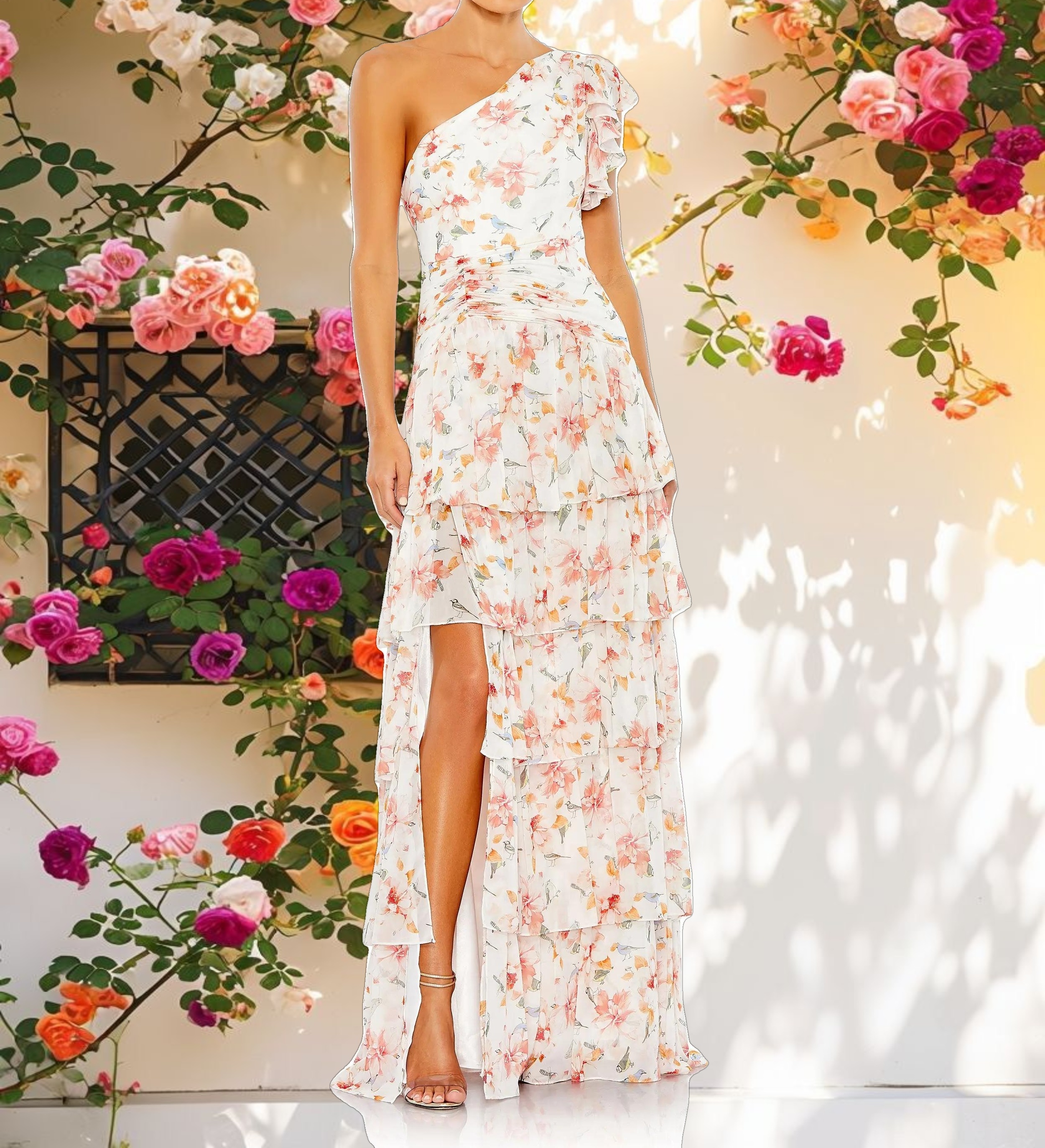 Floral Print Ruffle Tiered One Shoulder Gown