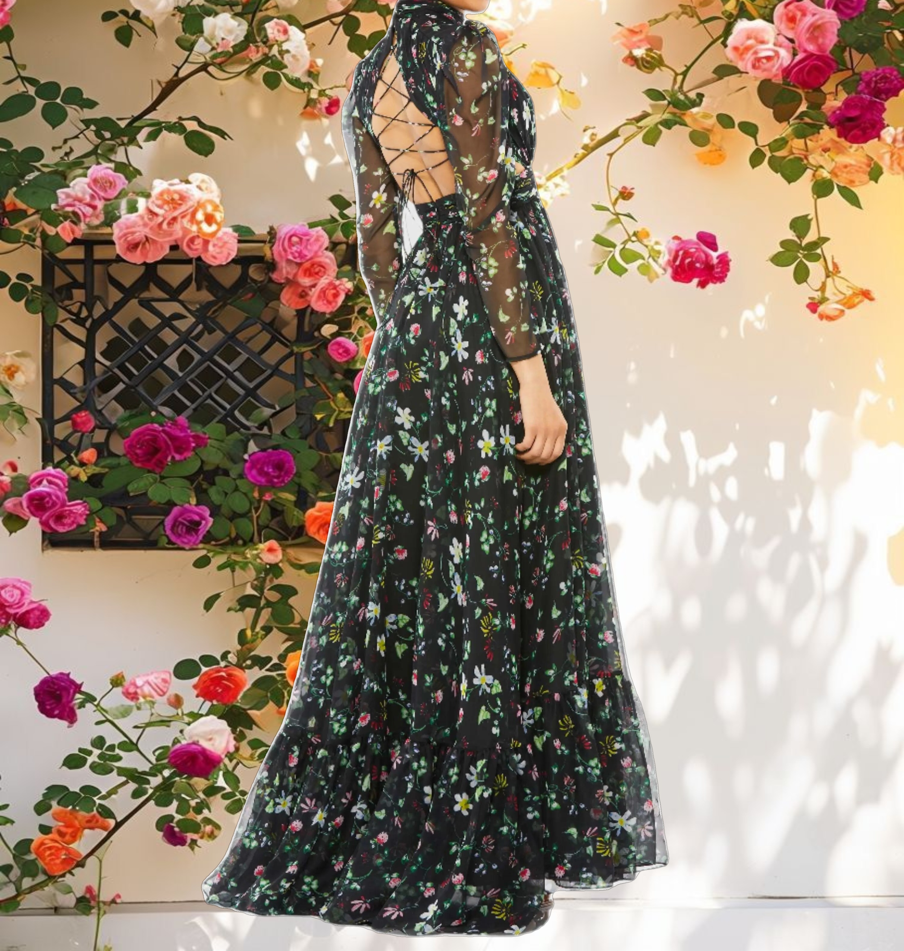 Floral Print High Neck Puff Sleeve Dress