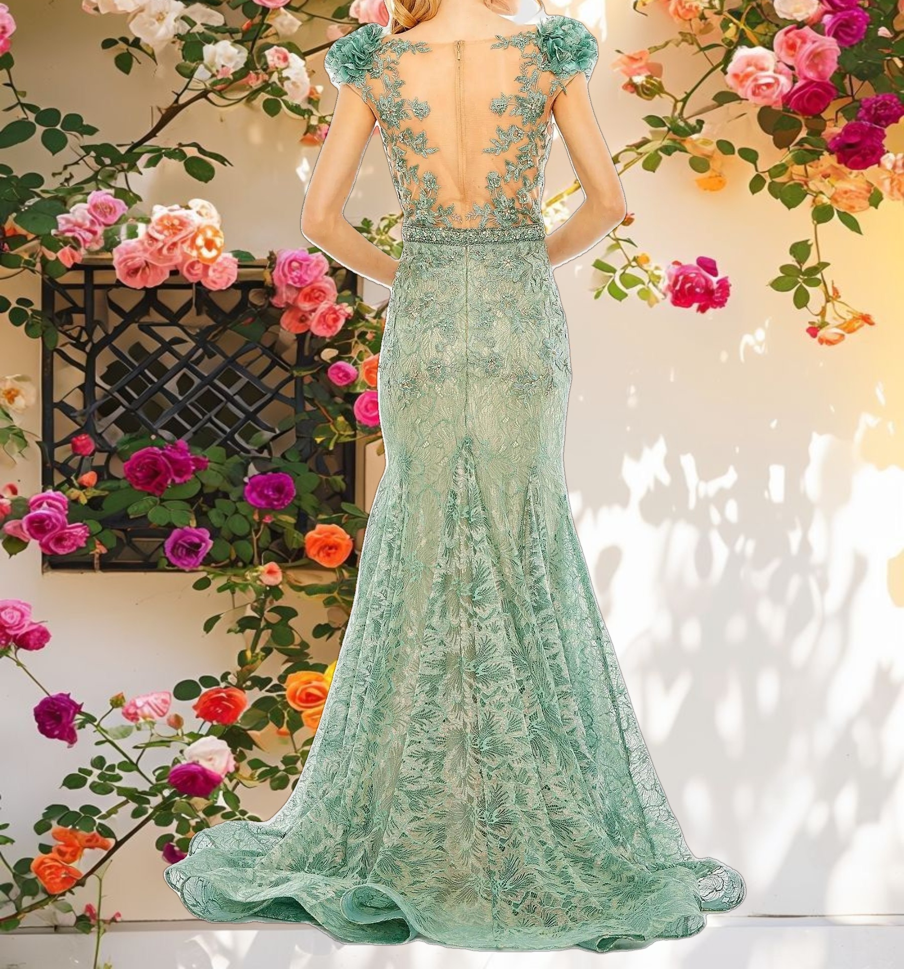 Green Embroidered Illusion Appliqued Bodice Trumpet Gown