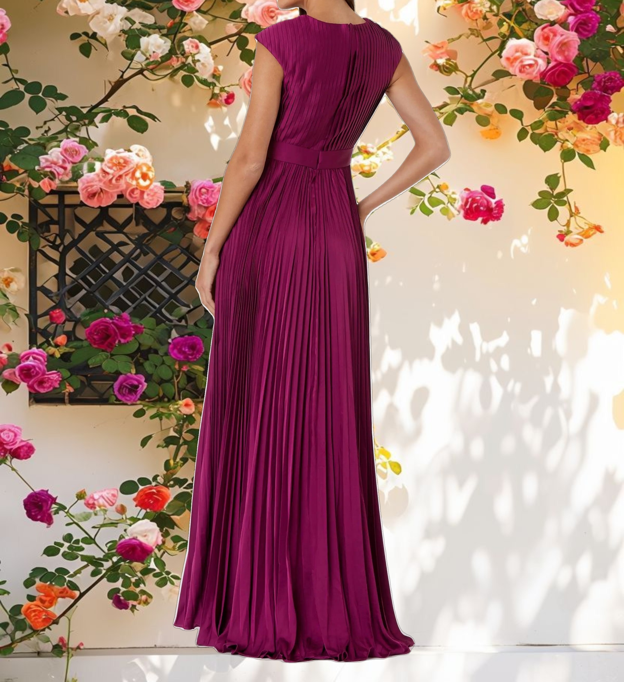 Purple Pleated Plunge Neck Belted A Line Gown