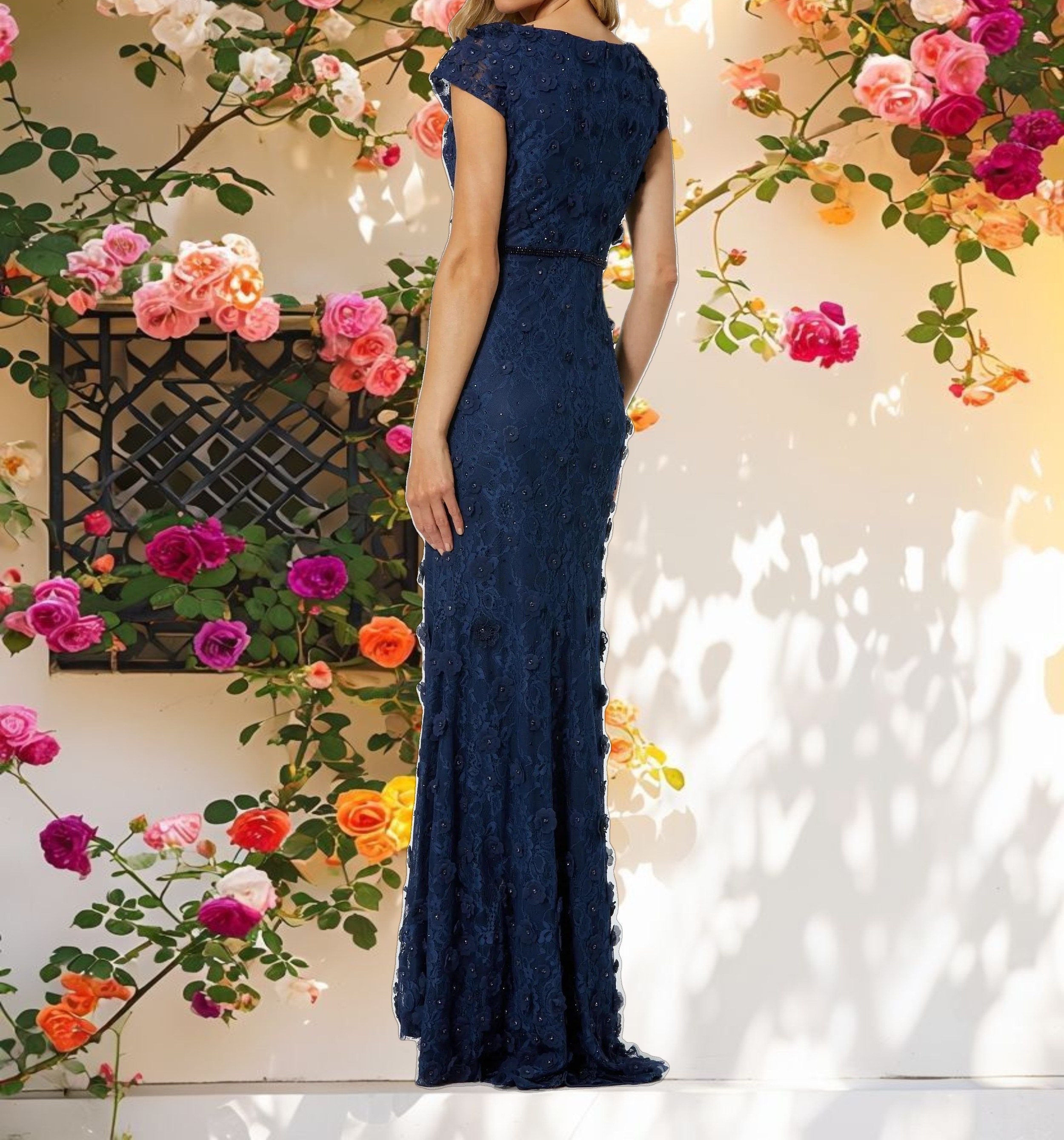 Elegant Floral Applique Boat Neck Cap Sleeve Gown
