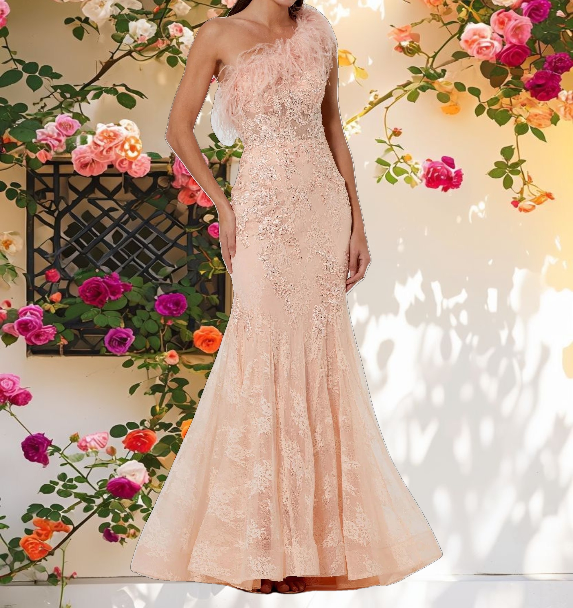 Pink One Shoulder Feather Embellished Mermaid Gown
