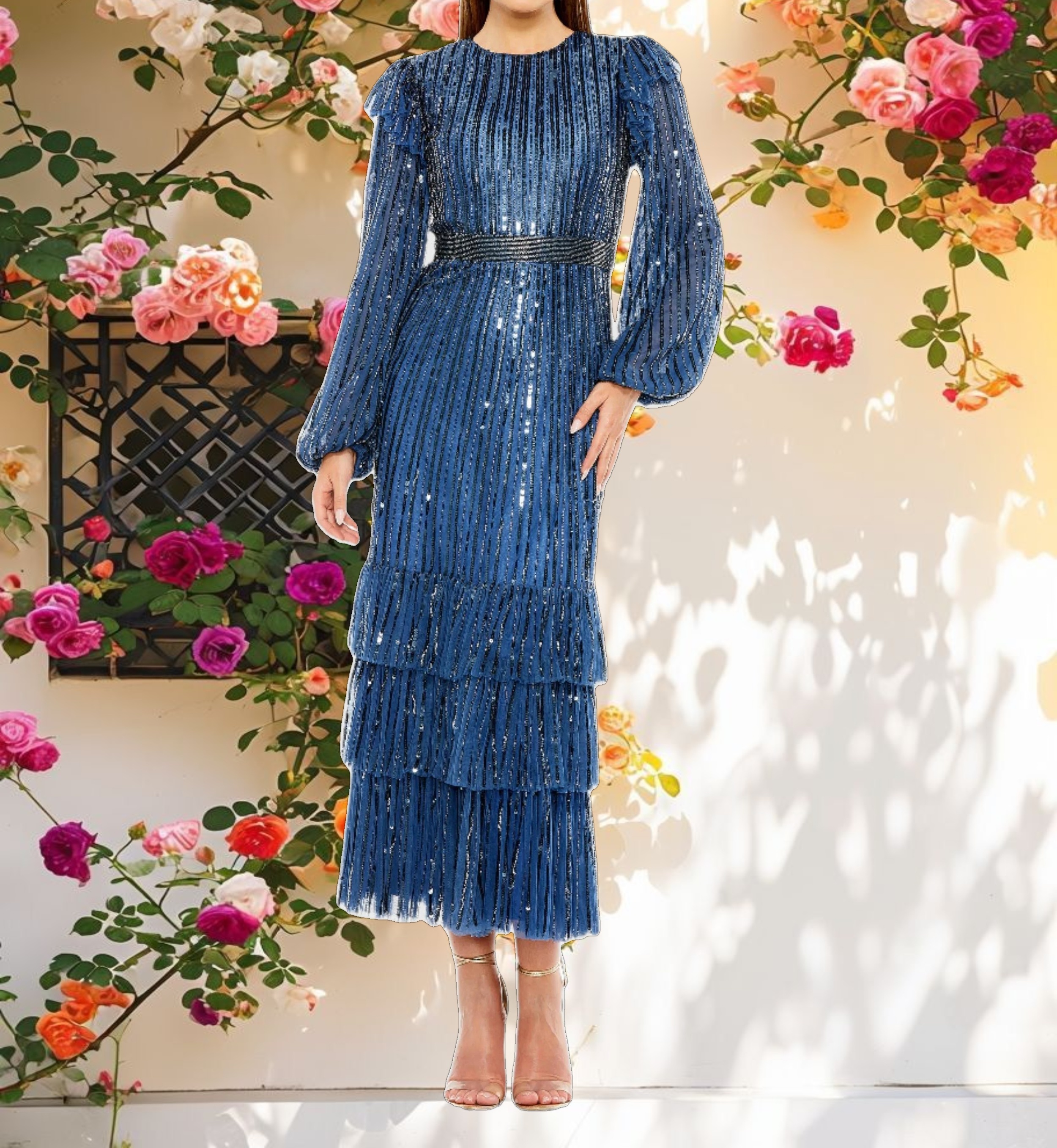 Long Sleeve Ruffle Detail Sequin Dress