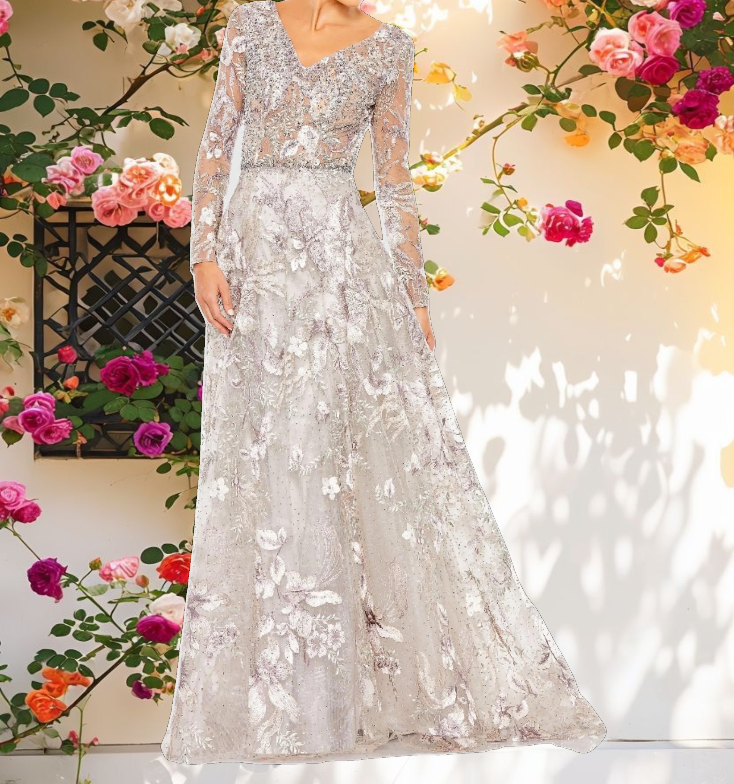 Multicolor Long Sleeve Beaded Applique Gown