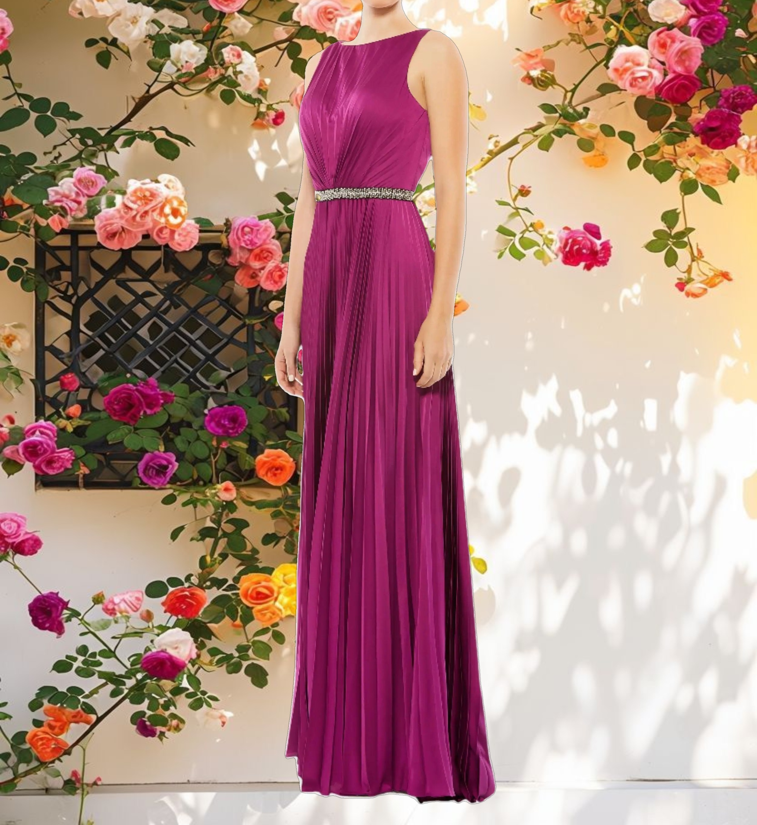Pleated Sleeveless Bateau Gown