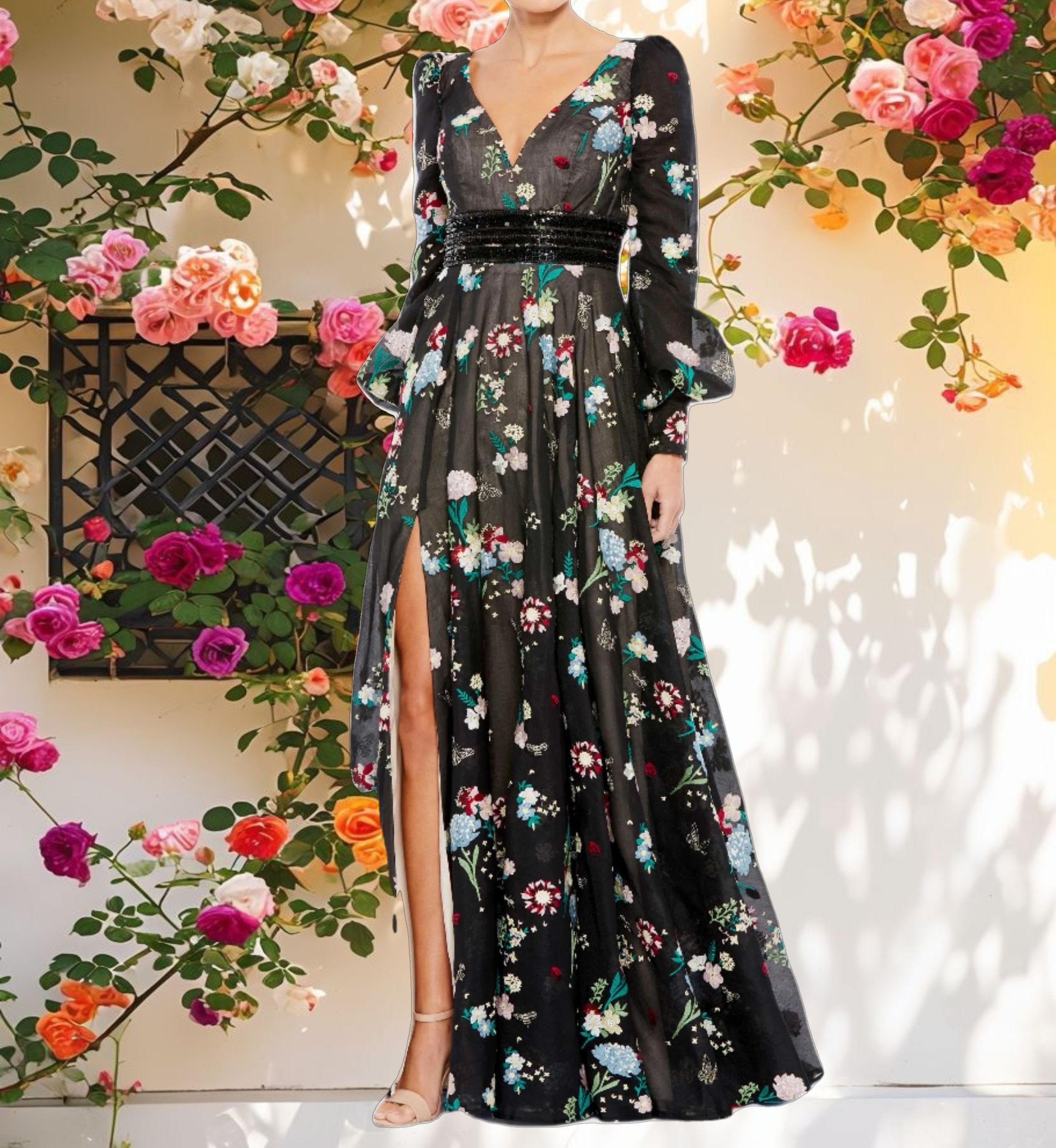 Floral Embroidered Bishop Sleeve V Neck Flowy Gown